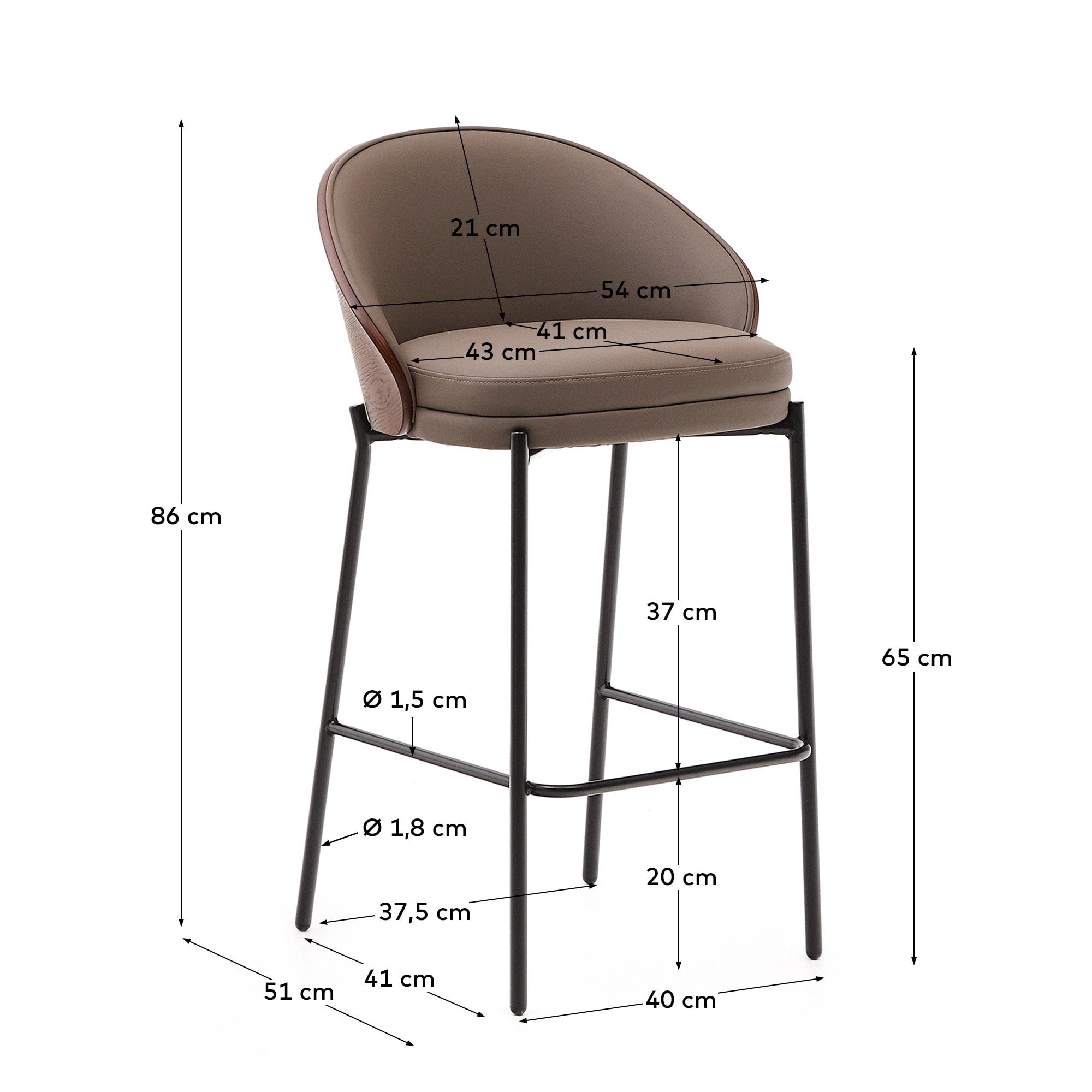Stilvoller Eamy Hocker aus braunem Kunstleder, Nussbaum-Furnier und stabilen schwarzen Metallbeinen – ideal für modernes Wohnen.