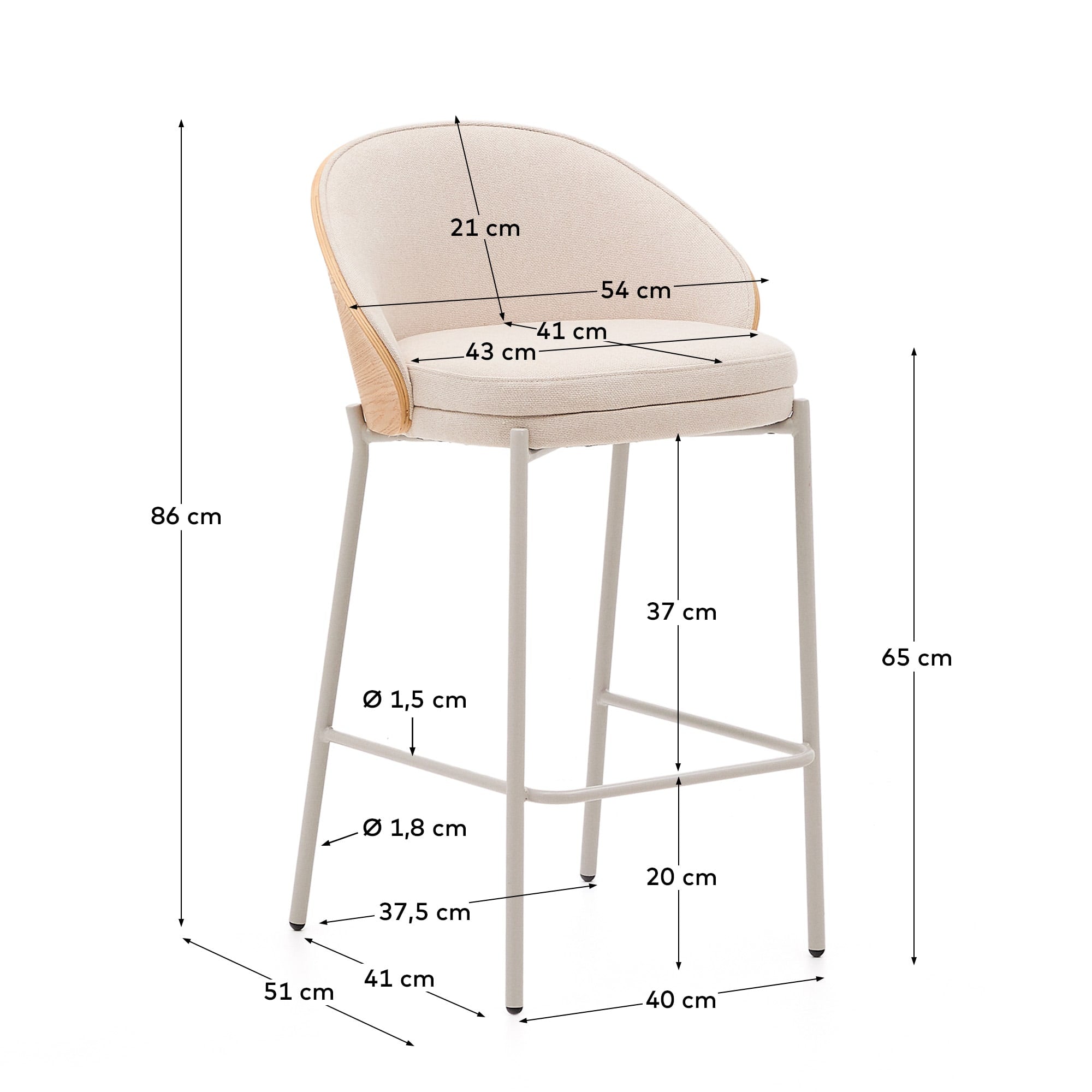 Eleganter Hocker Eamy, 65 cm hoch, mit beigem Chenille, Eschenfurnier und Metall in Beige, perfekt für moderne Wohnräume.