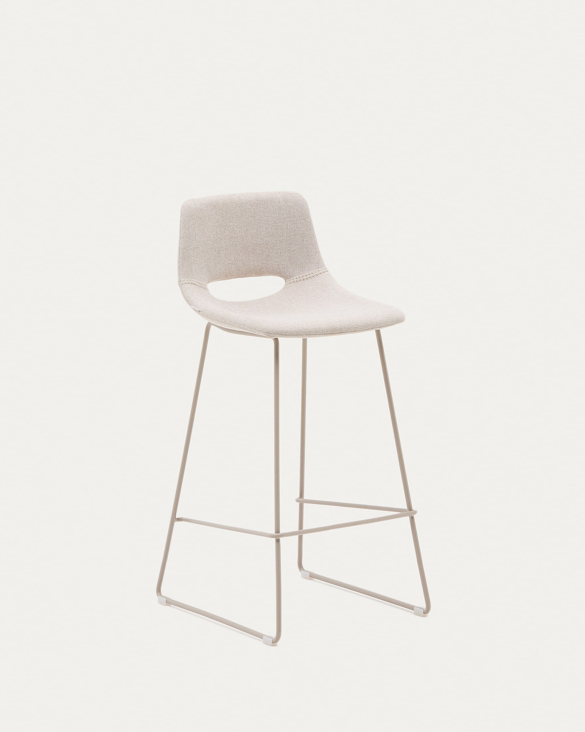 3D-Modell: Eleganter Zahara Hocker, 76 cm, beige, Stahlgestell, ideal für Bars/Küchen, AR-kompatibel.