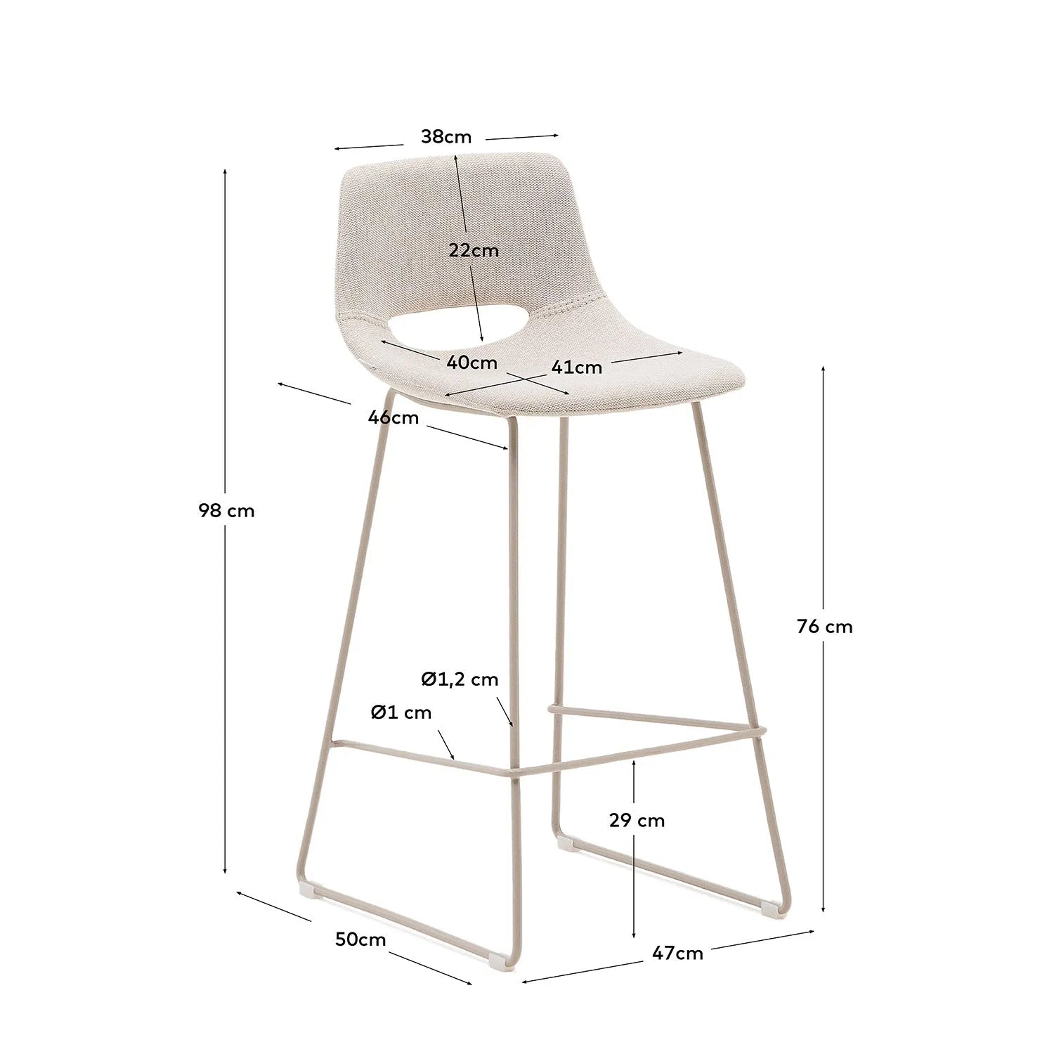 Moderner Zahara Hocker, 76 cm, mit beigem Polster und stabilem Stahlgestell, perfekt für stilvolle Wohn- und Essbereiche.