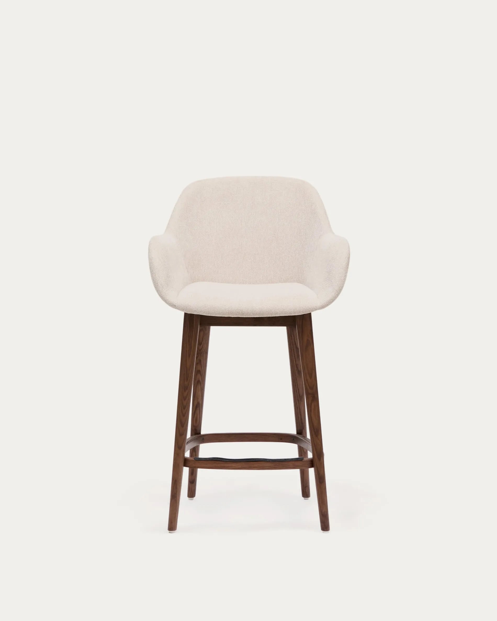 Eleganter Hocker Konna: Beigefarbener Sitz, dunkle Eschenholzbeine, 65 cm hoch. Perfekt für Küche und Bar.