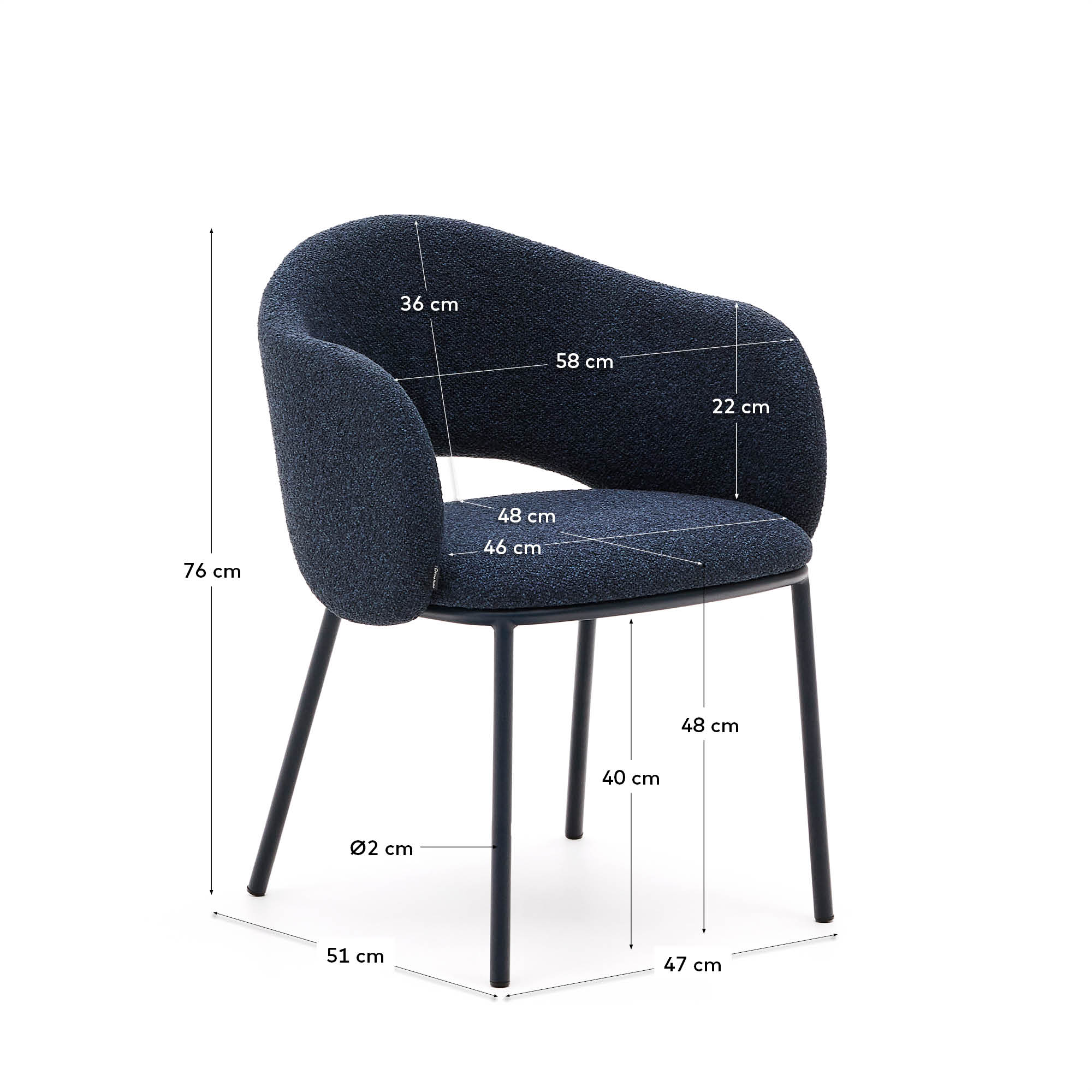 Moderner Maina Stuhl mit robustem blauem Chenillebezug und stilvollen Stahlbeinen, FSC-zertifiziert, perfekt für Ihr Zuhause.