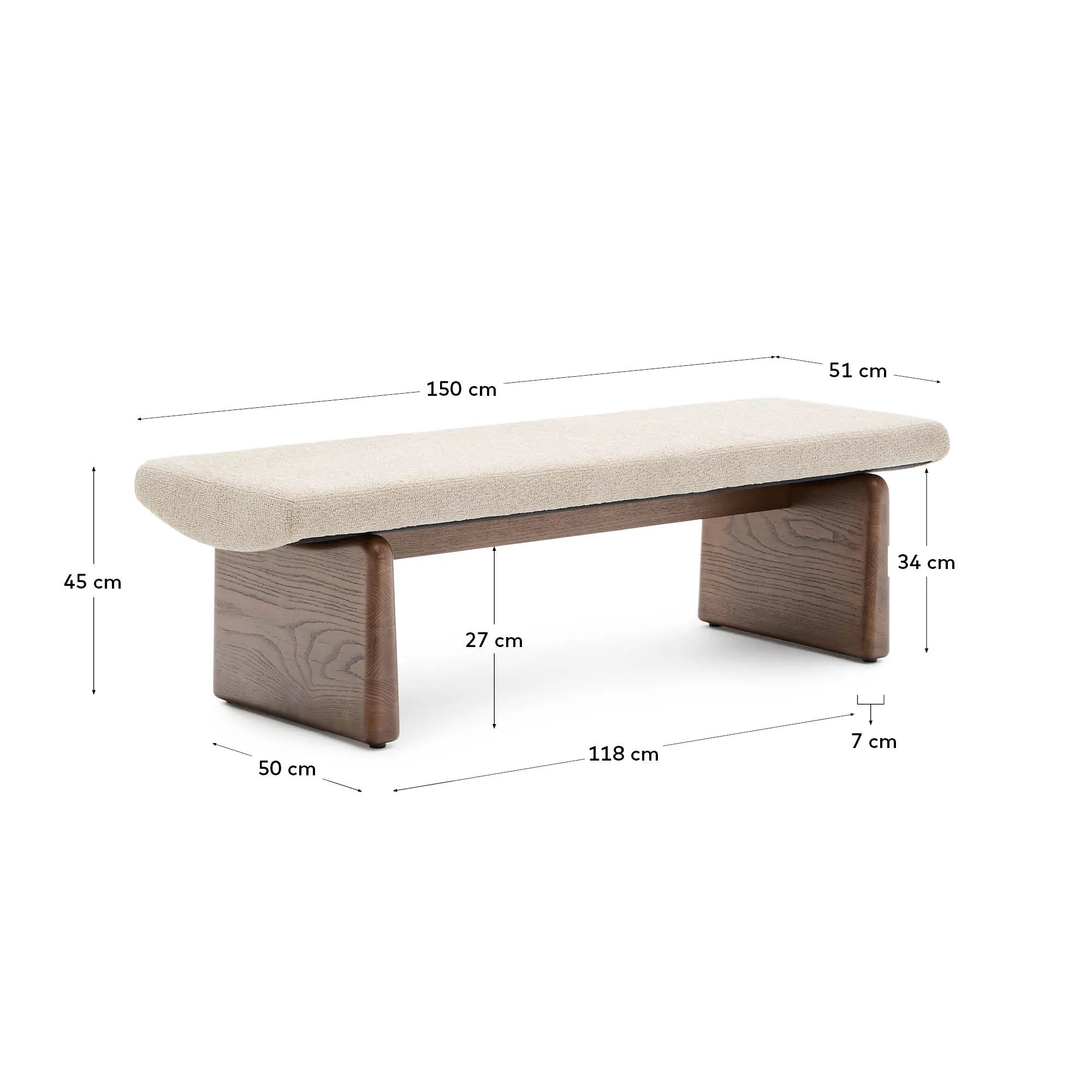 Elegante Polsterbank Topaz, 150 cm, beiger Chenillebezug, massives Eschenholz mit Walnuss-Finish, FSC-zertifiziert, von Kave Home.