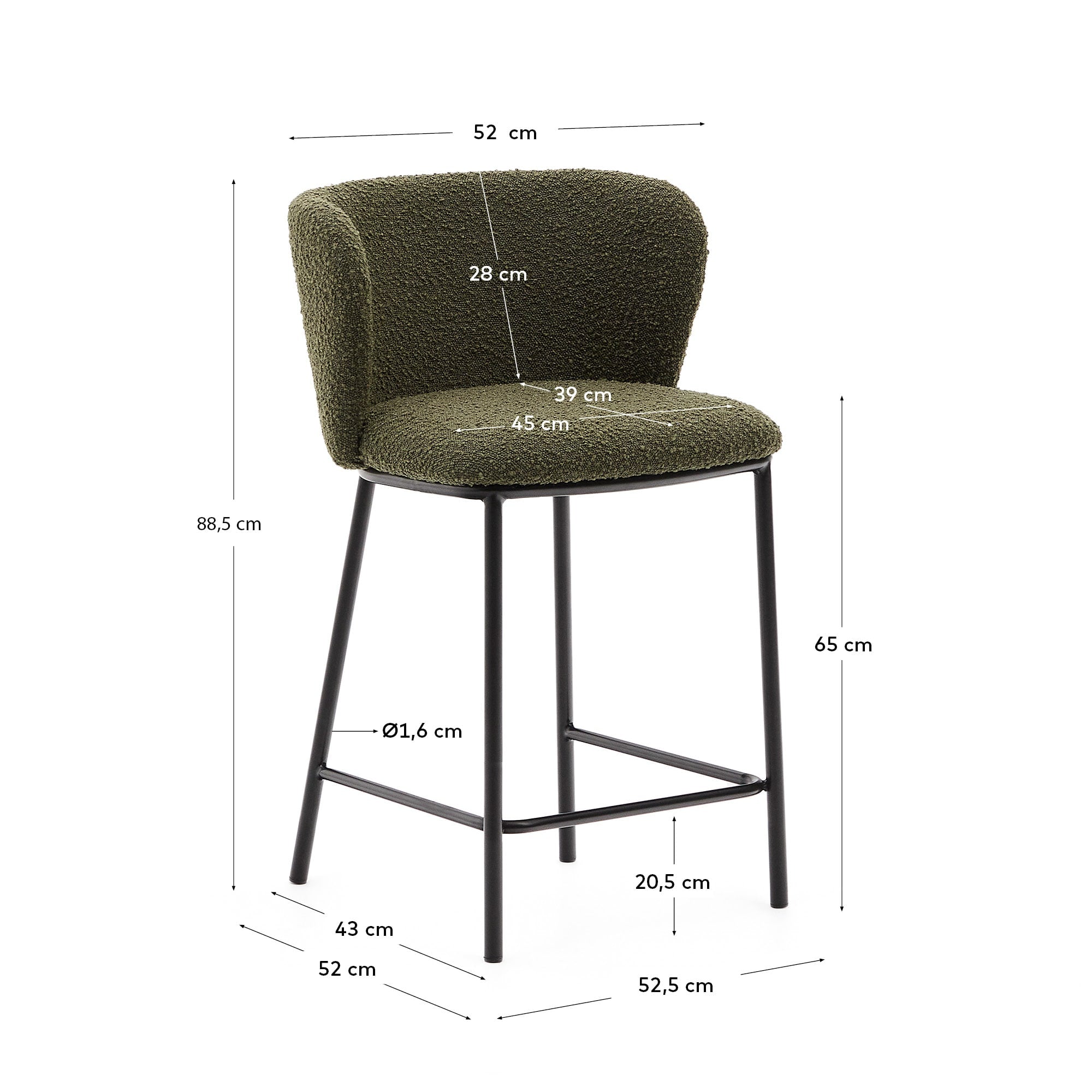 Moderner Hocker Ciselia mit grünem Schaffell, stabilem schwarzen Stahlgestell, 65 cm hoch, FSC-zertifiziert, von Kave Home.