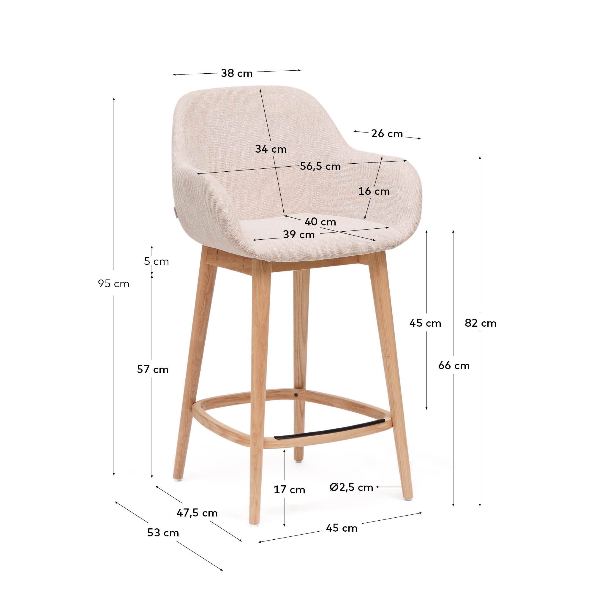 Beigefarbener Hocker Konna von Kave Home: 65 cm hoch, mit robusten Eschenholzbeinen und stilvollem, pflegeleichtem Stoff – perfekt für jeden Raum.