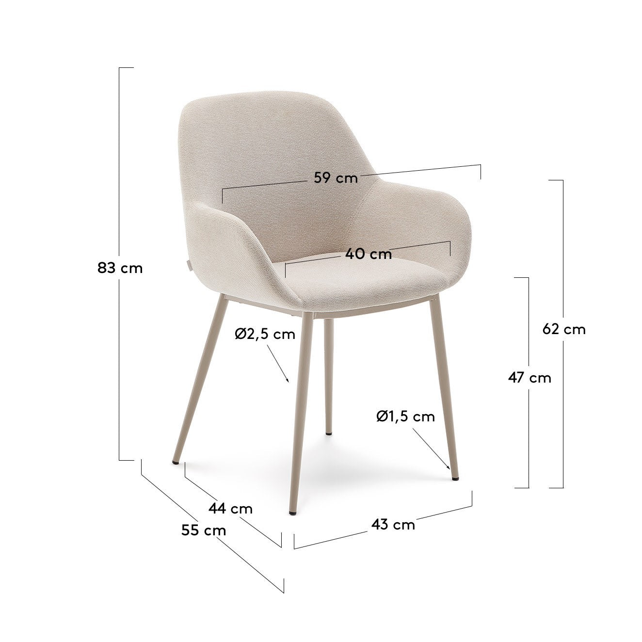 Eleganter Stuhl Konna in Beige mit stabilen Stahlbeinen, perfekt für moderne und gemütliche Wohnräume.