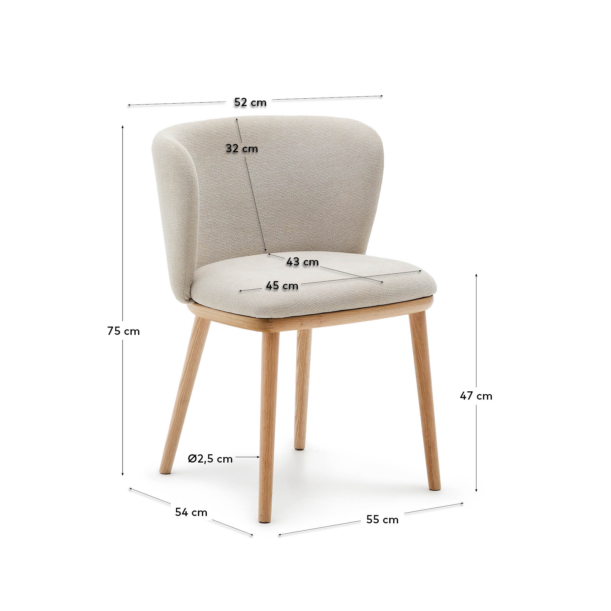 Eleganter Stuhl Ciselia mit beigem Chenillebezug und FSC-zertifiziertem Eschenholz in natürlichem Finish, von Kave Home.