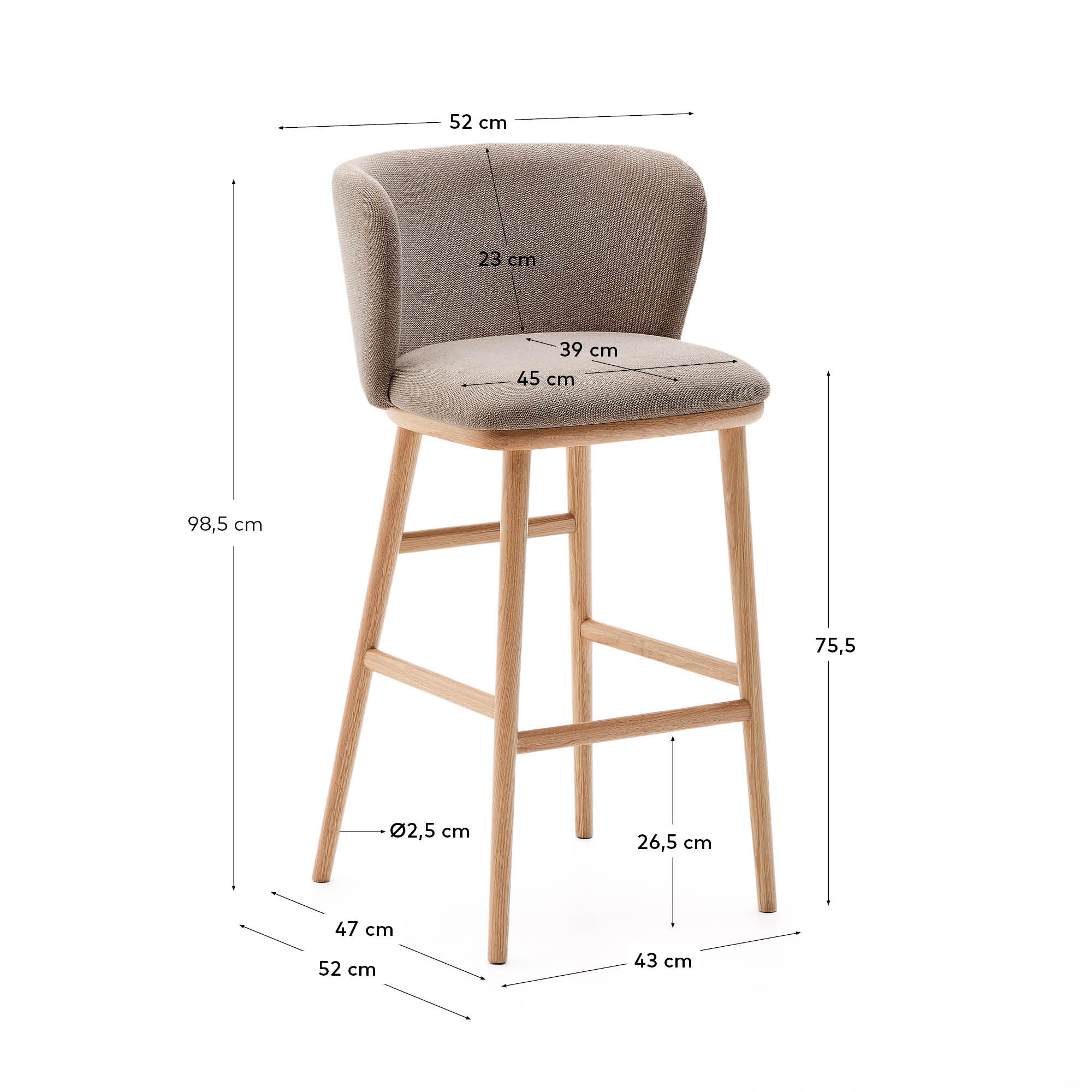 Moderner Hocker Ciselia, 75 cm, aus brauner Chenille und FSC-zertifiziertem Eschenholz mit natürlichem Finish, stilvoll und bequem.