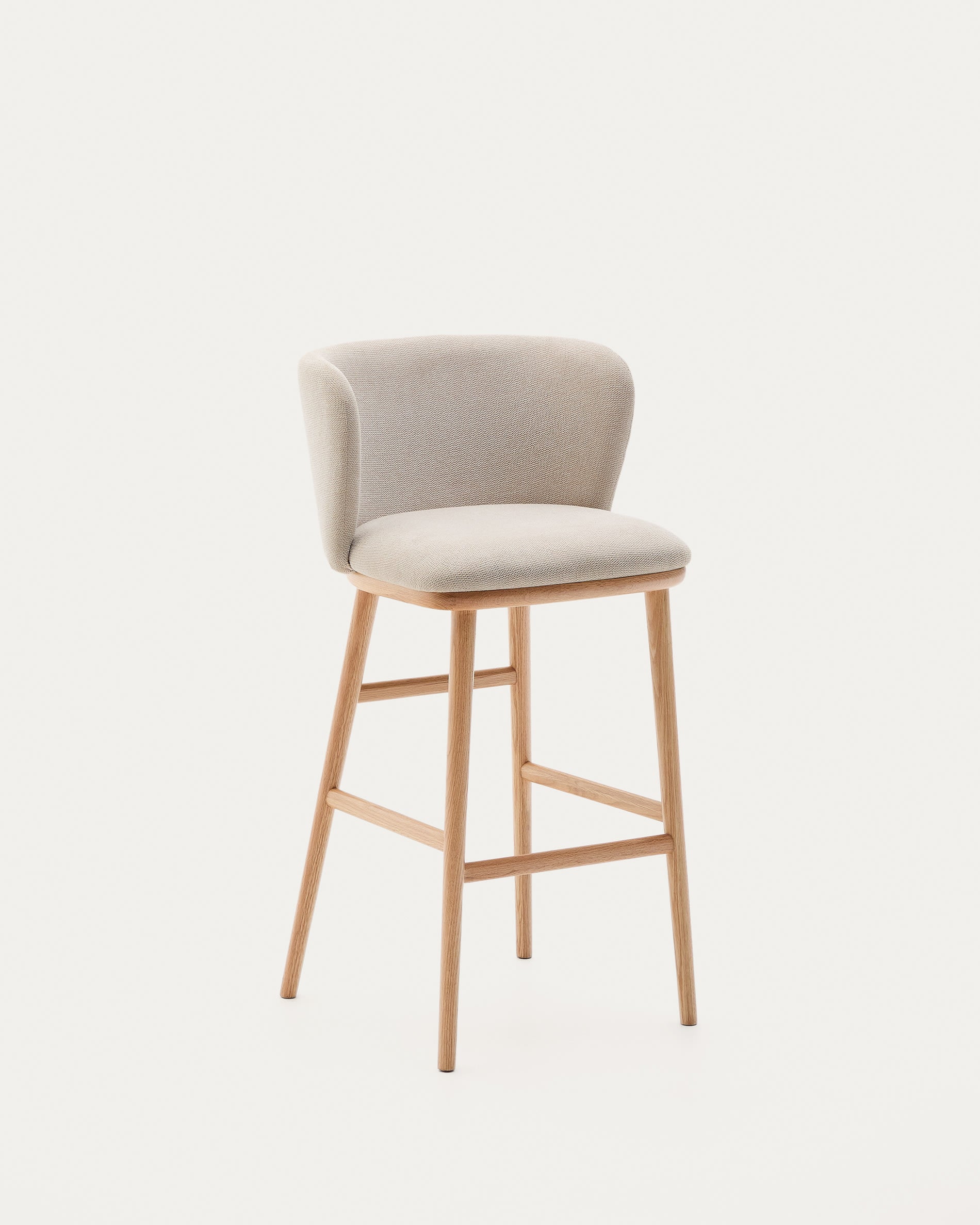 Eleganter Hocker Ciselia, 75 cm, aus beigem Chenille und Eschenholz mit natürlichem Finish, FSC-zertifiziert, stilvoll und nachhaltig.