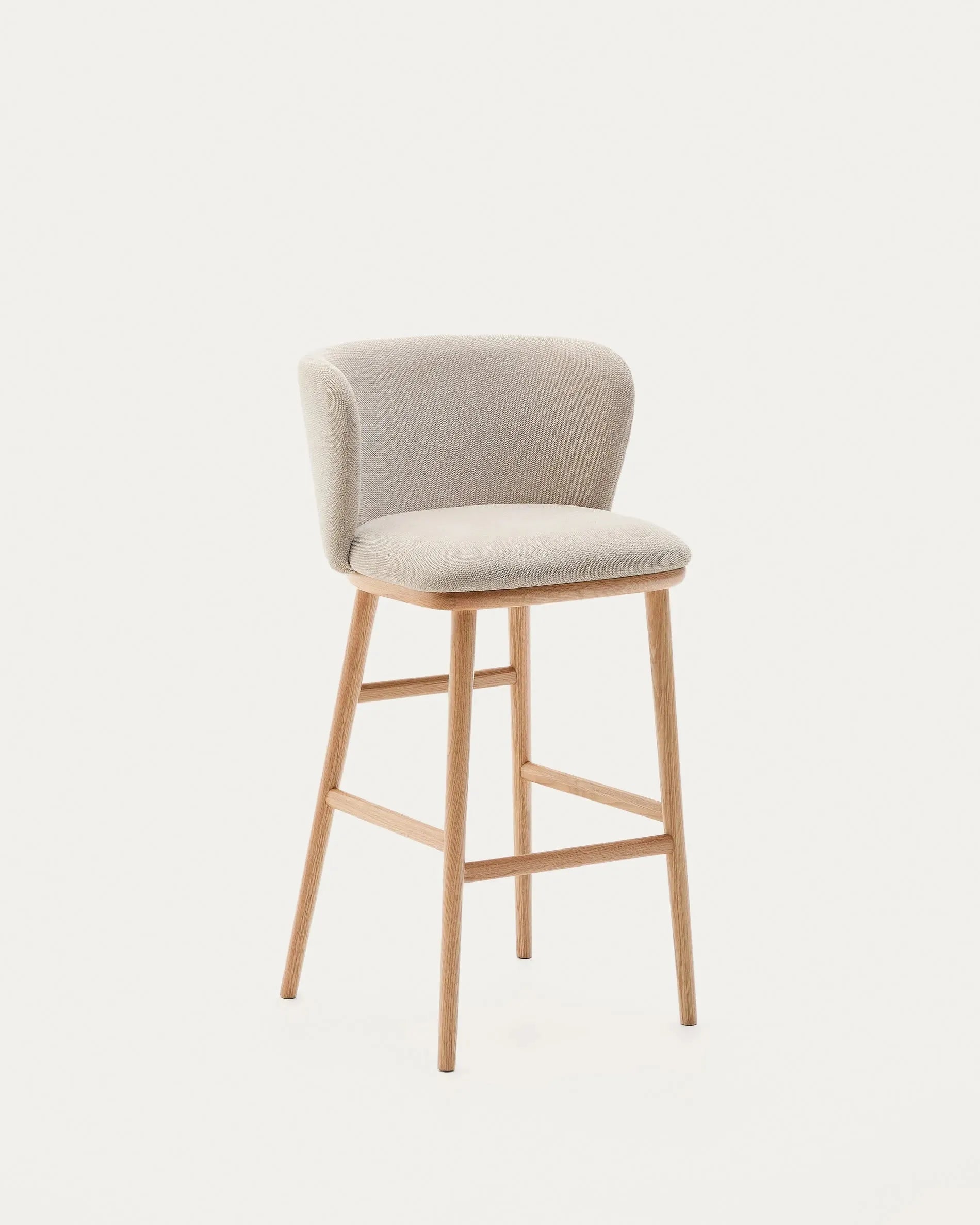 Moderner Hocker Ciselia, 75 cm hoch, aus beigem Chenille und massiver Esche mit natürlichem Finish, FSC-zertifiziert.