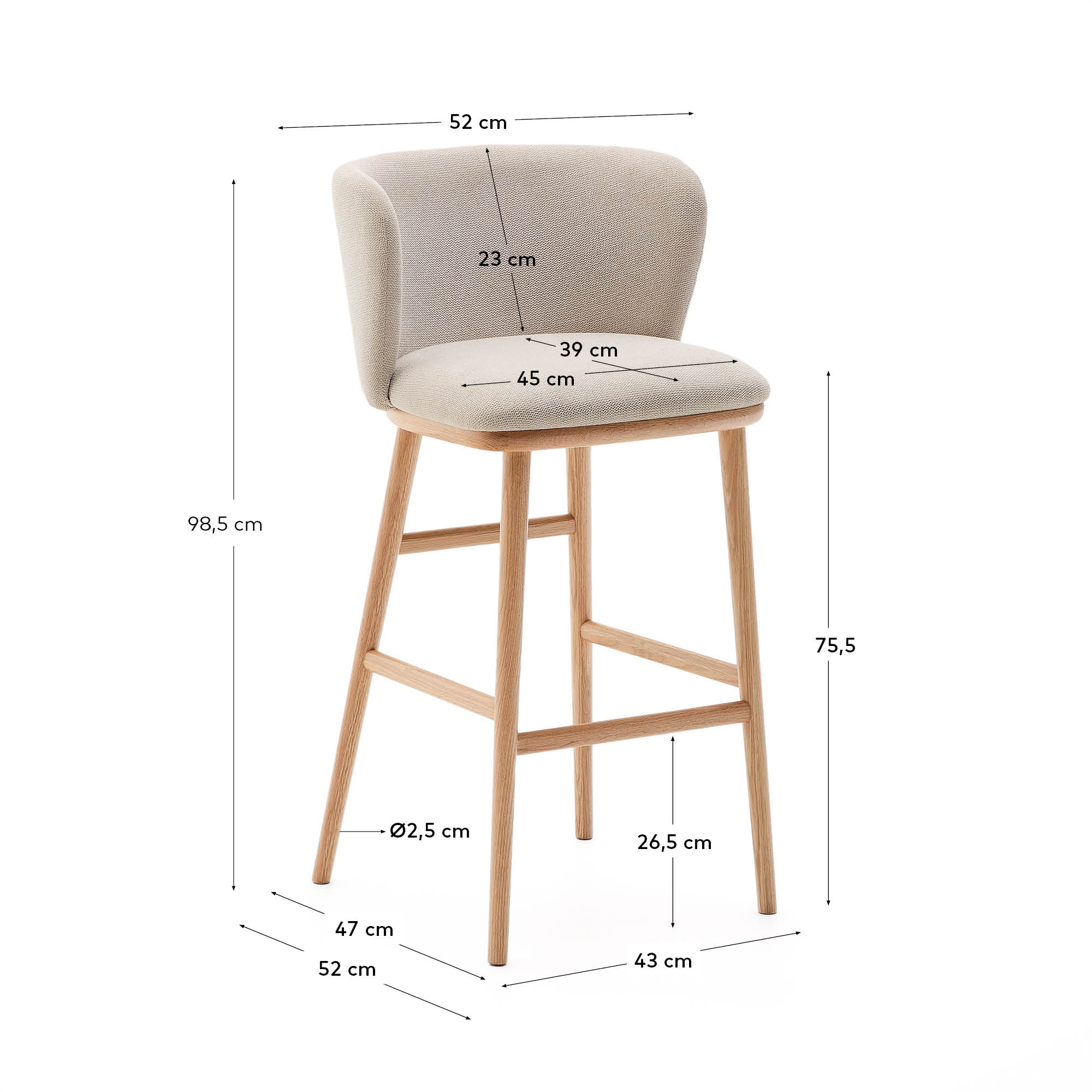 Eleganter Hocker Ciselia, 75 cm, aus beigem Chenille und FSC-zertifiziertem Eschenholz, mit natürlichem Finish, modern und umweltfreundlich.