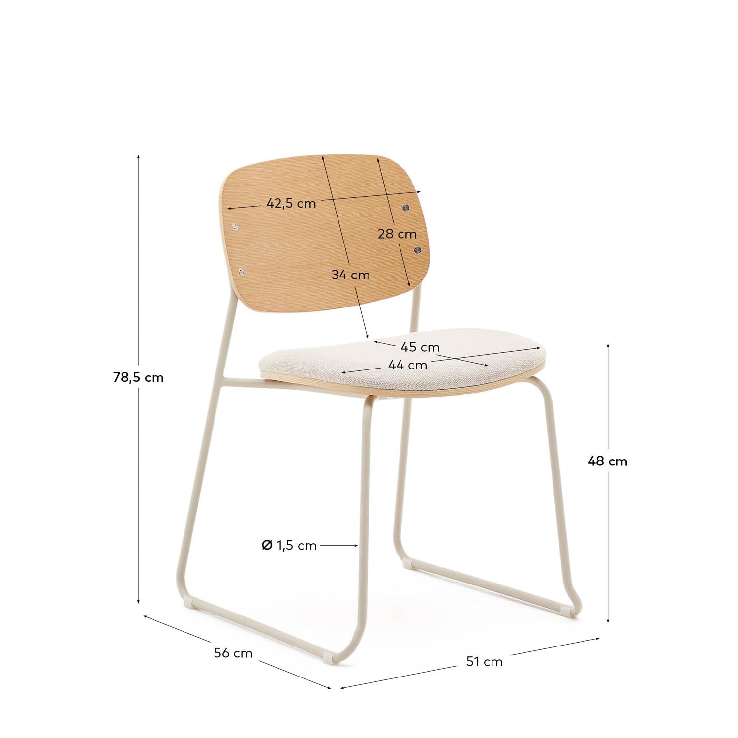 Stapelbarer Stuhl Meli aus Pappelschichtholz mit beiger Chenille-Sitzfläche und beigen Metallbeinen FSC Mix Credit in Beige präsentiert im Onlineshop von KAQTU Design AG. Stuhl ist von Kave Home