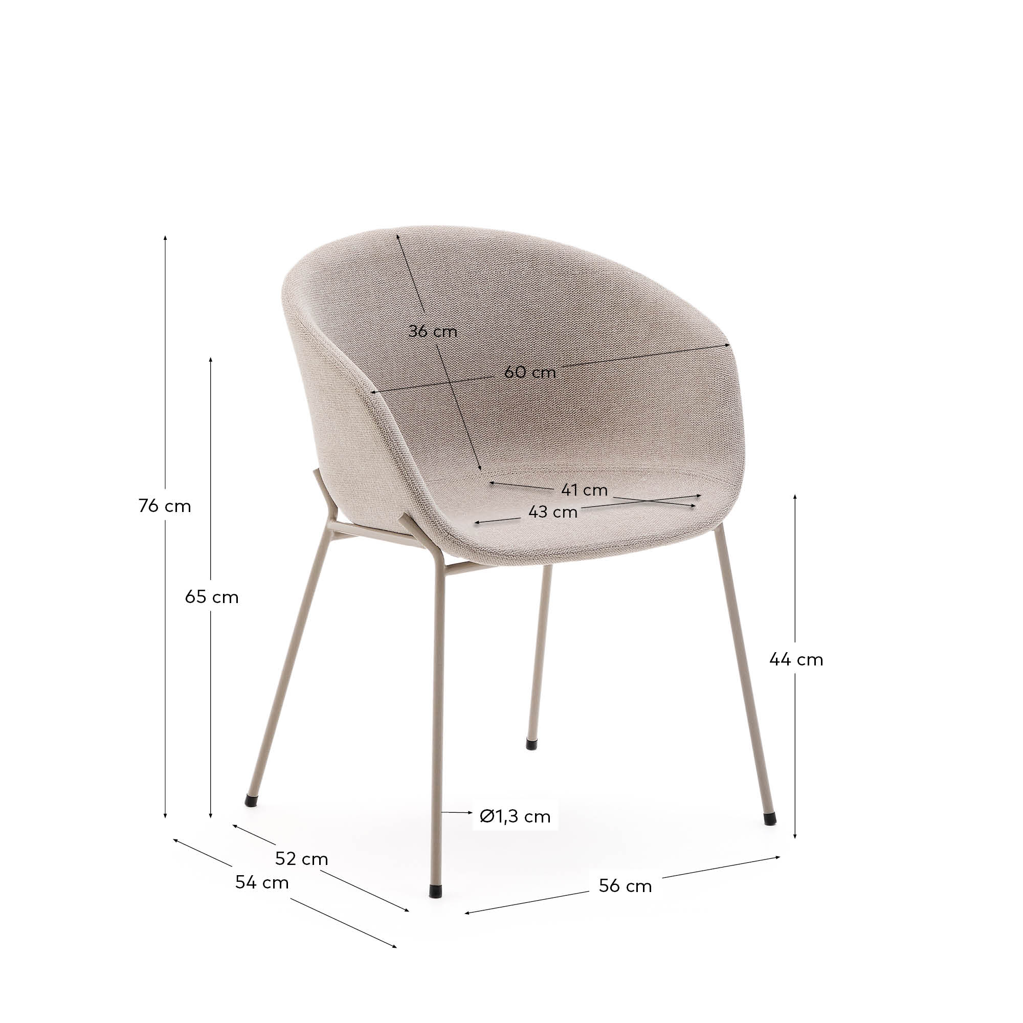 Moderner Stuhl Yvette mit beiger Chenille-Polsterung und stabilen Stahlbeinen in Beige, perfekt für stilvolle Wohnräume.