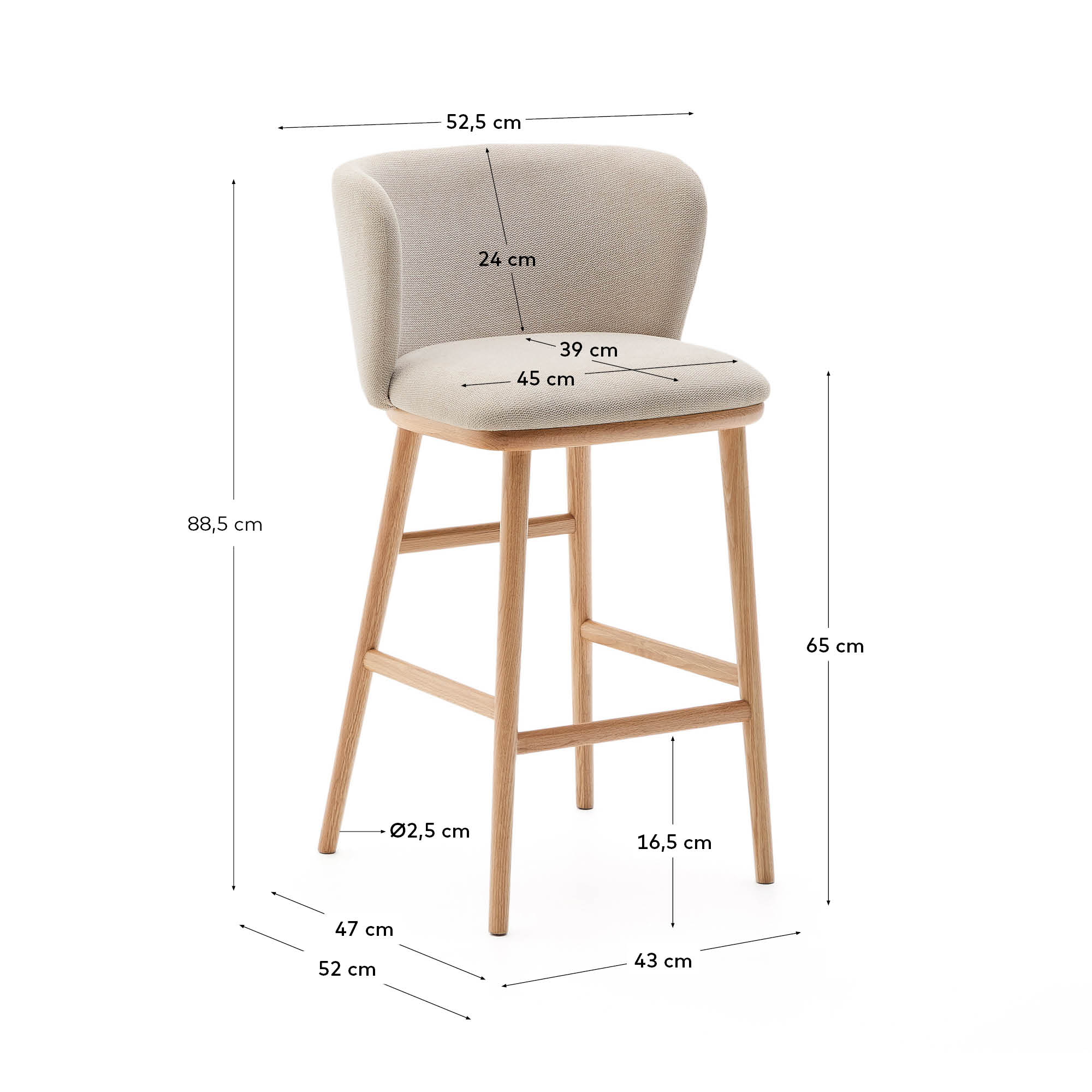 Eleganter Hocker Ciselia in Beige, gefertigt aus weichem Chenille und massiver Esche. Ideal für stilvolle Akzente in jedem Raum.