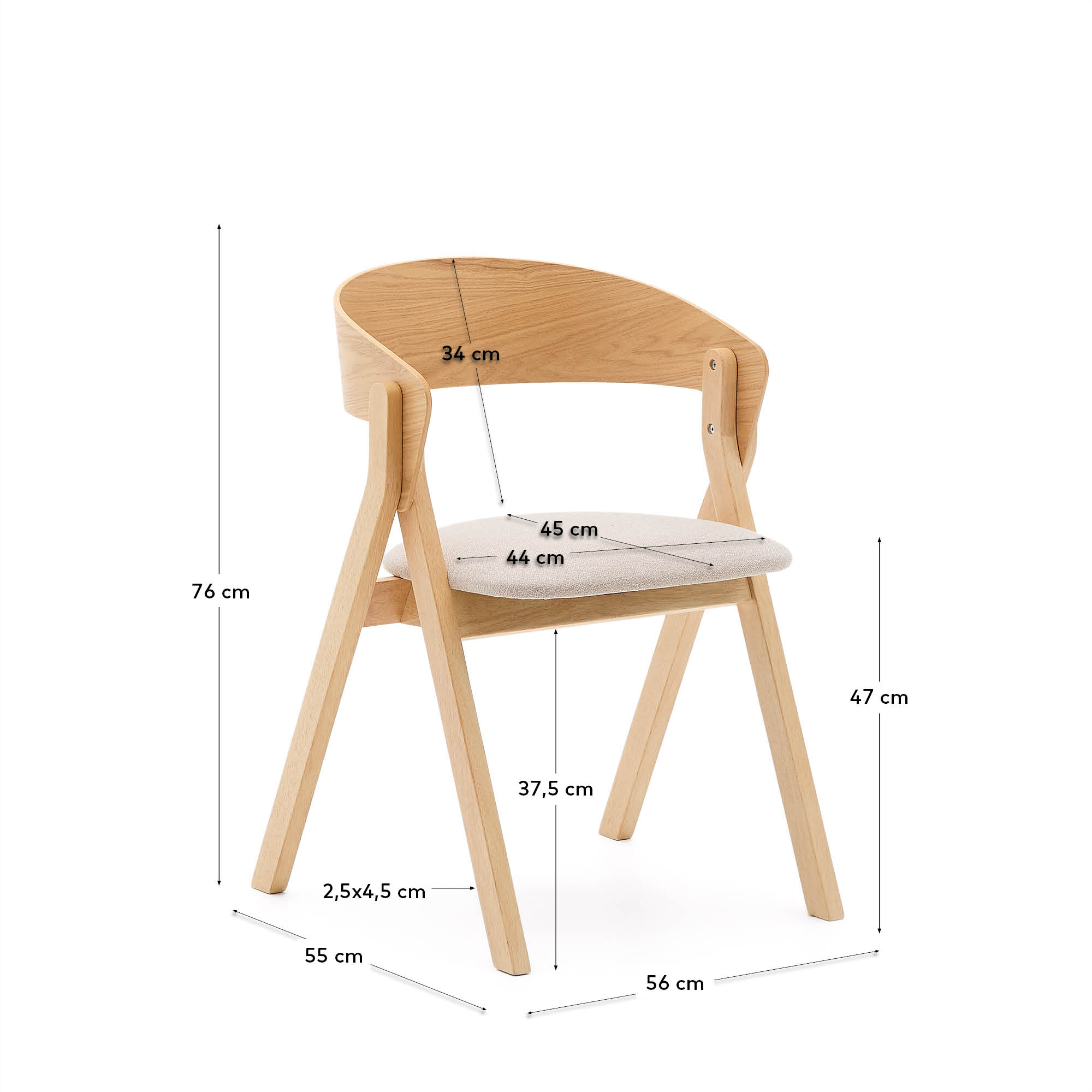 Eleganter Stuhl Godia aus Eschefurnier und Kautschukholz, naturfarben, mit beiger Chenille-Polsterung, stilvoll und bequem.