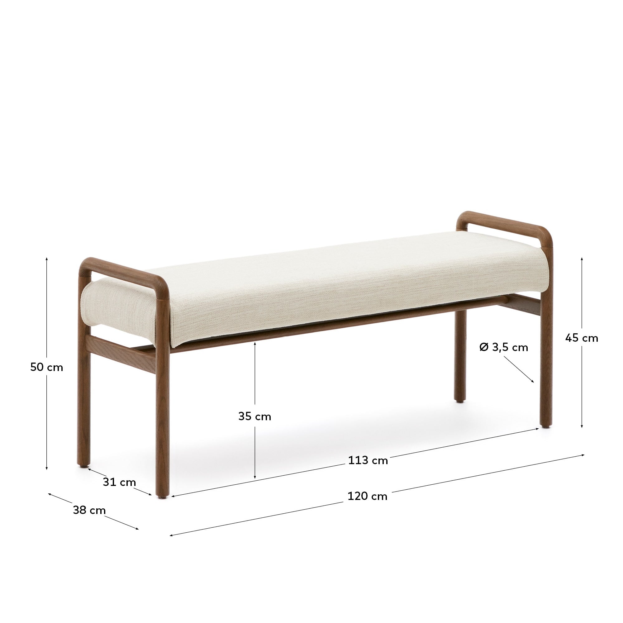 Stilvolle Macaret Polsterbank von Kave Home: 120 cm, massives Eichenholz mit Nussbaum-Finish, abnehmbarer Bezug für einfache Pflege, FSC-zertifiziert.