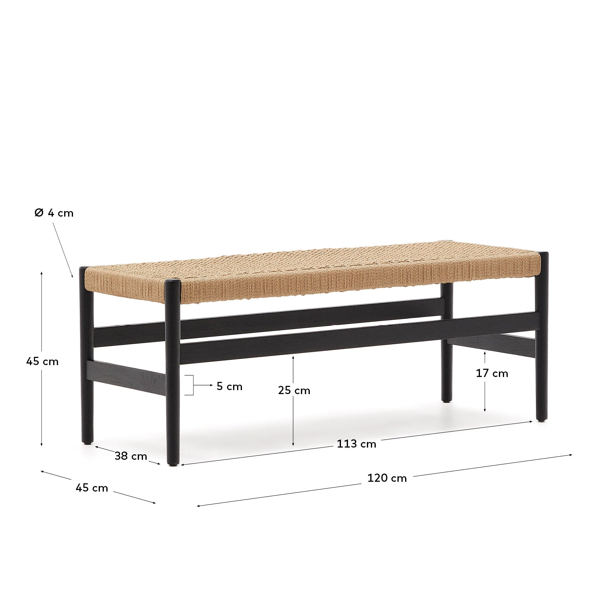 Elegante Zaide Bank aus schwarzem Eichenholz mit handgeflochtenem Seilsitz, 120 cm, FSC-zertifiziert.