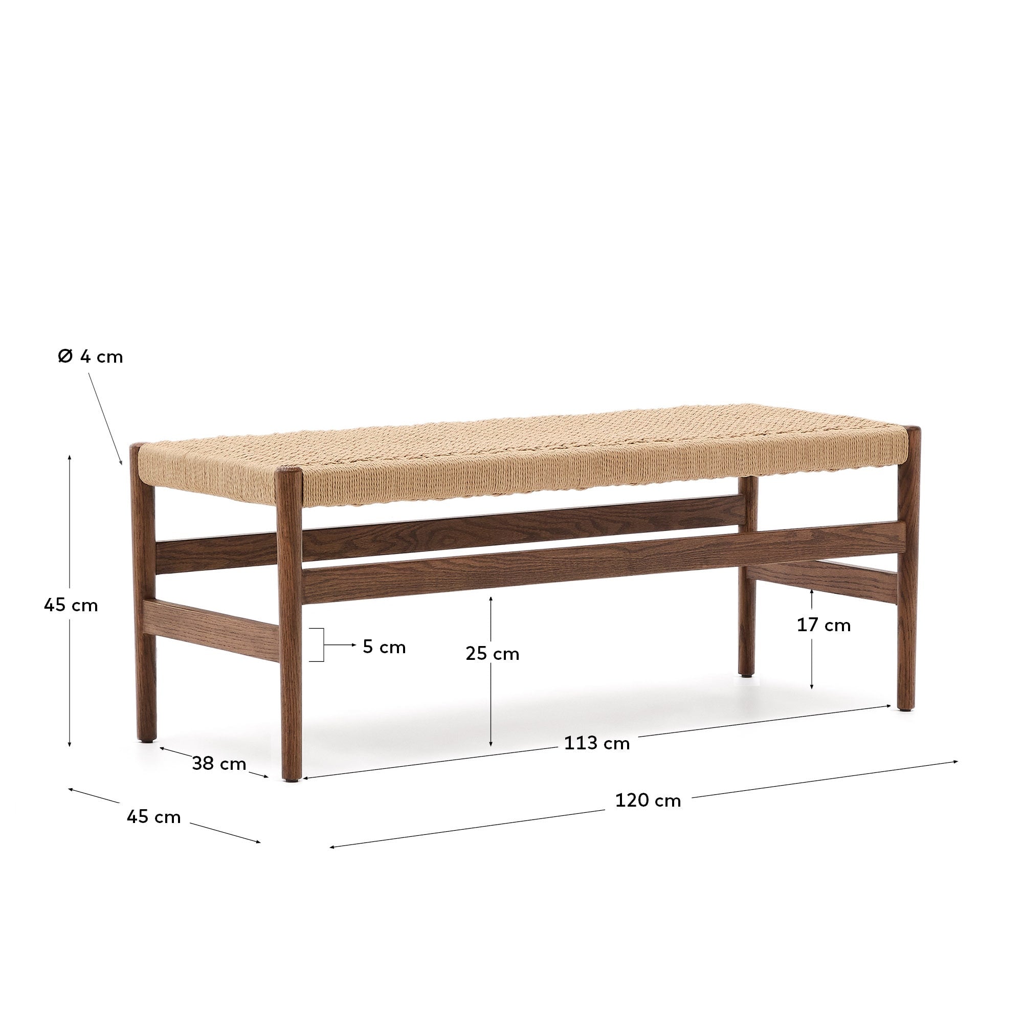 Erleben Sie die Zaide Bank von Kave Home: 120 cm aus robustem Eichenholz, edlem Nussbaum-Finish und nachhaltigem, handgeflochtenem Seilsitz.
