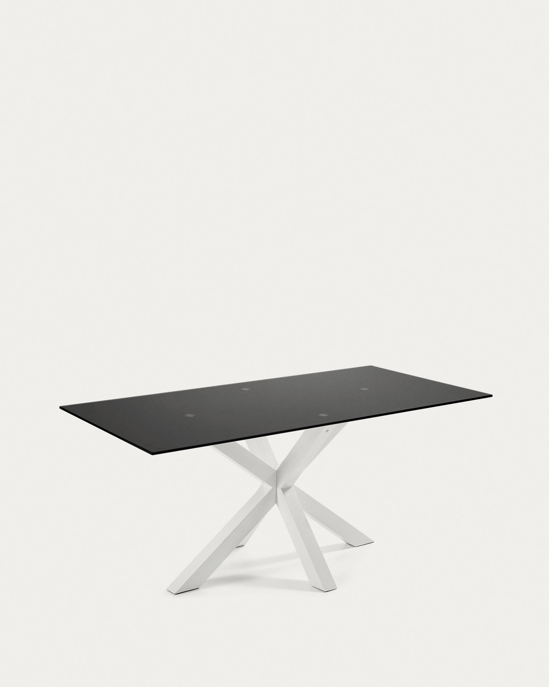 Moderner Tisch Argo: Schwarzes Milchglas trifft auf weiße Stahlbeine, 200x100 cm. Eleganz und Funktionalität vereint.