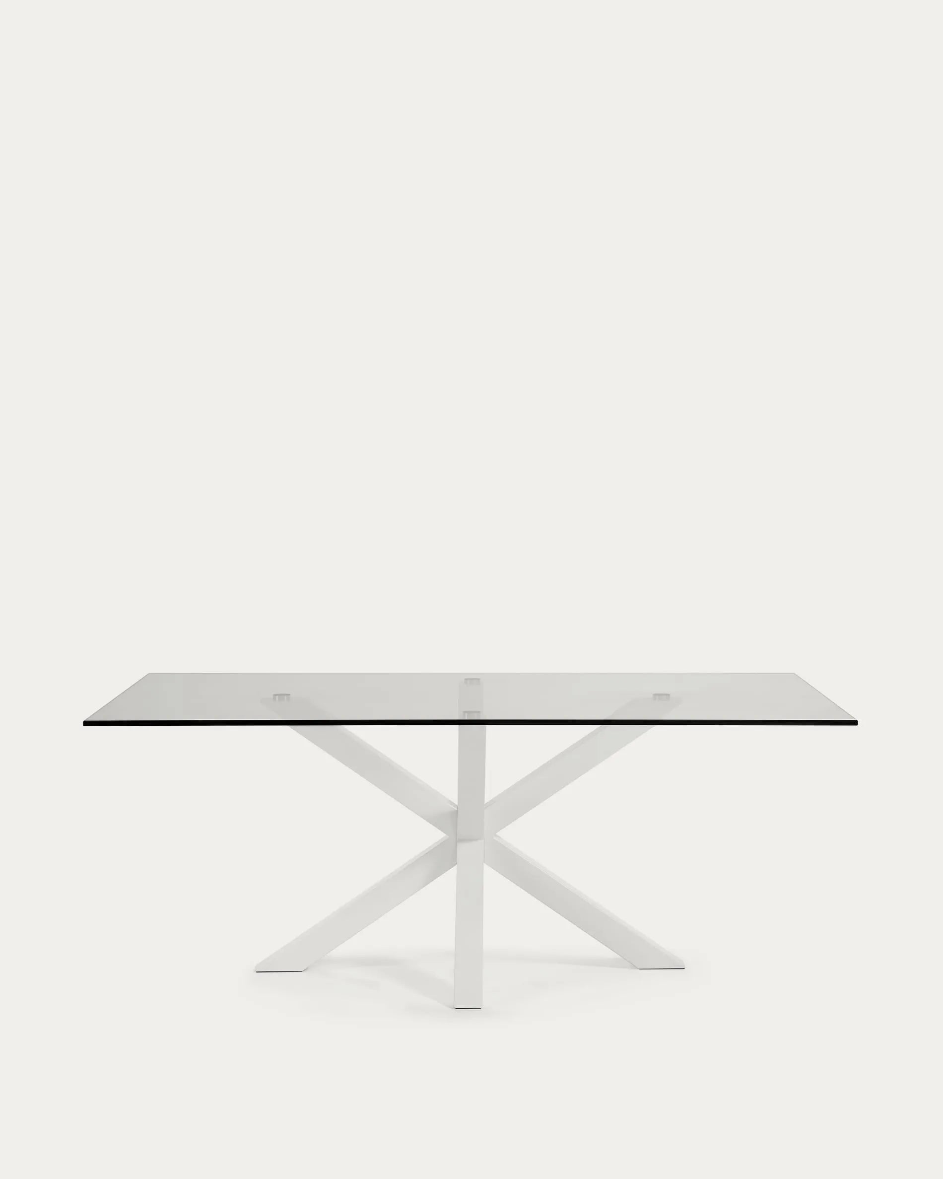 Moderner Tisch Argo mit Glasplatte und weißen Stahlbeinen, 200x100 cm, von Kave Home, ideal für stilvolle Einrichtung.