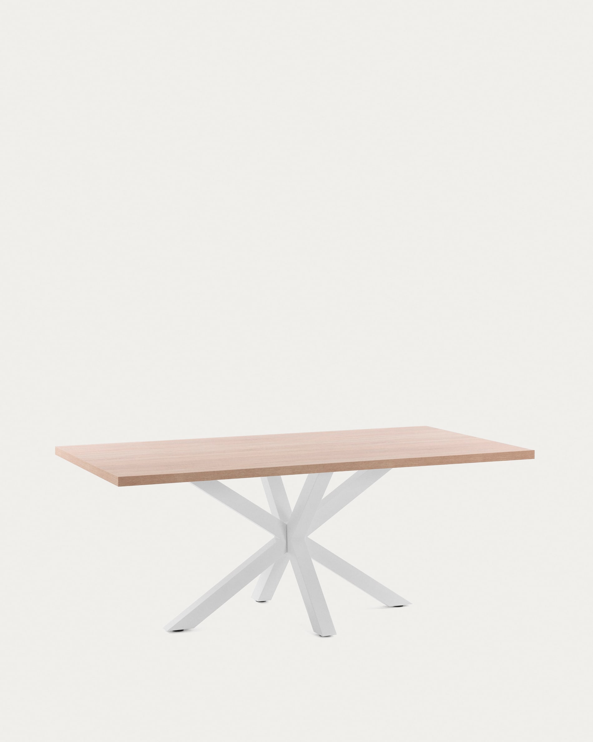 Moderner Tisch Argo, 200x100 cm, mit natürlicher Melamin-Oberfläche und weißen Stahlbeinen, ideal für stilvolle Einrichtungen.
