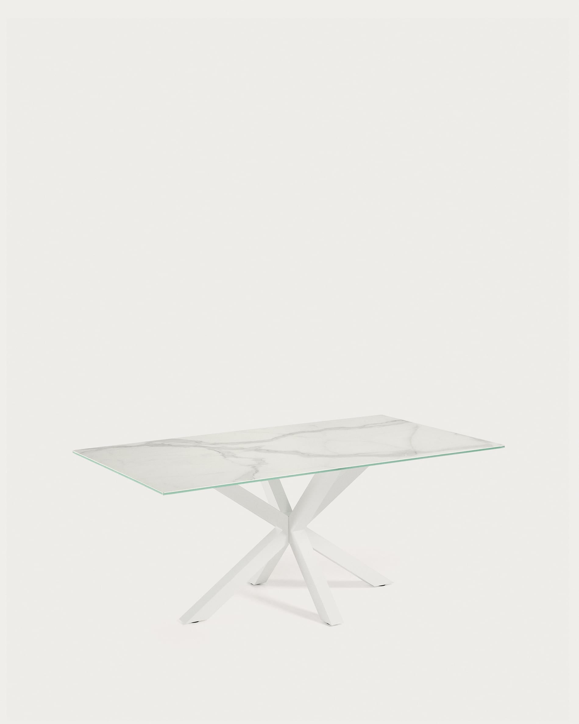 Eleganter Tisch Argo aus weissem Kalos-Porzellan mit robusten Stahlbeinen, 180x100 cm, perfekt für moderne Wohnräume.