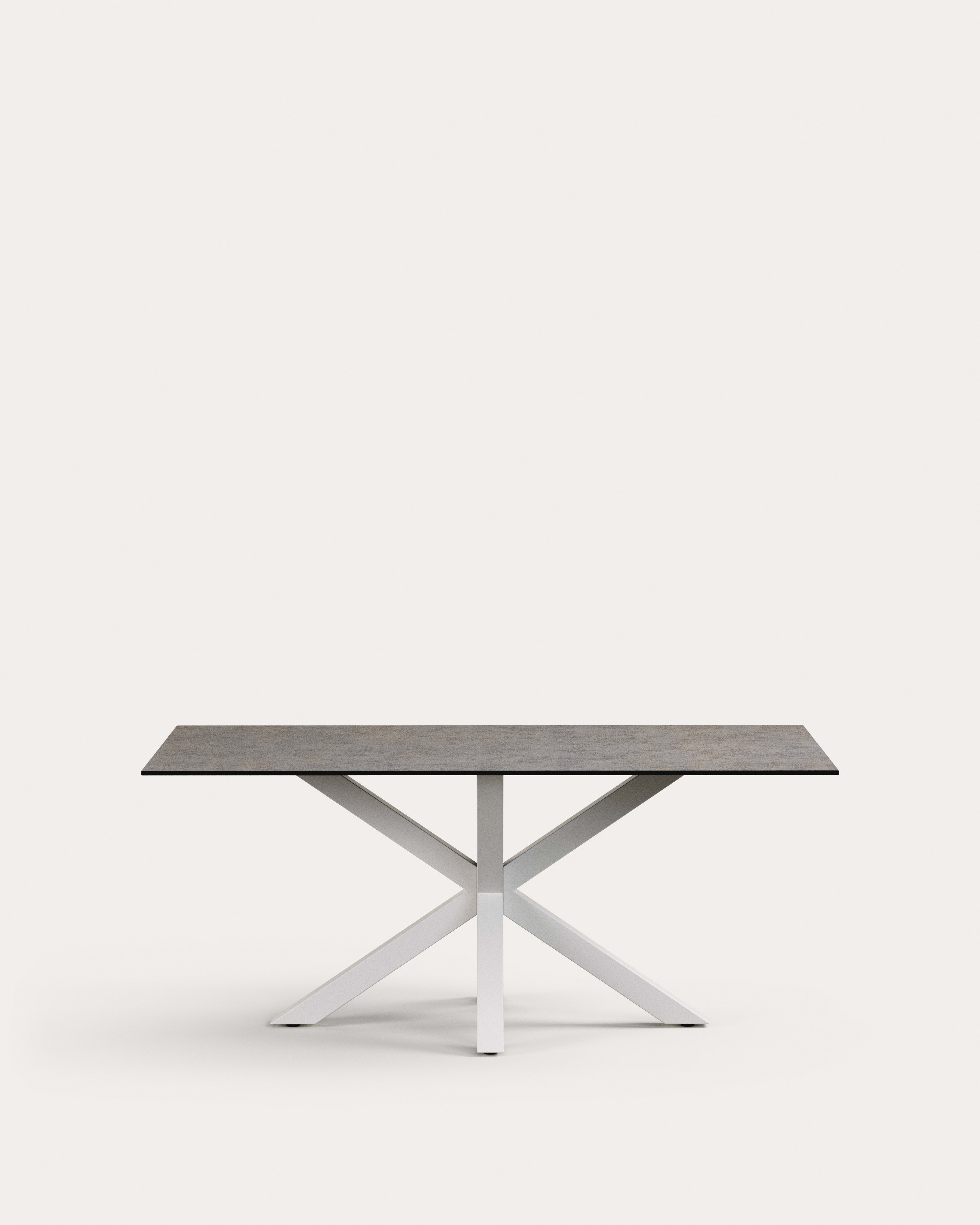 Eleganter Tisch Argo: Iron Moss-Porzellan, weiße Stahlbeine, 180x100 cm. Robust, stilvoll, ideal für 8 Personen. Perfekt für moderne Räume.