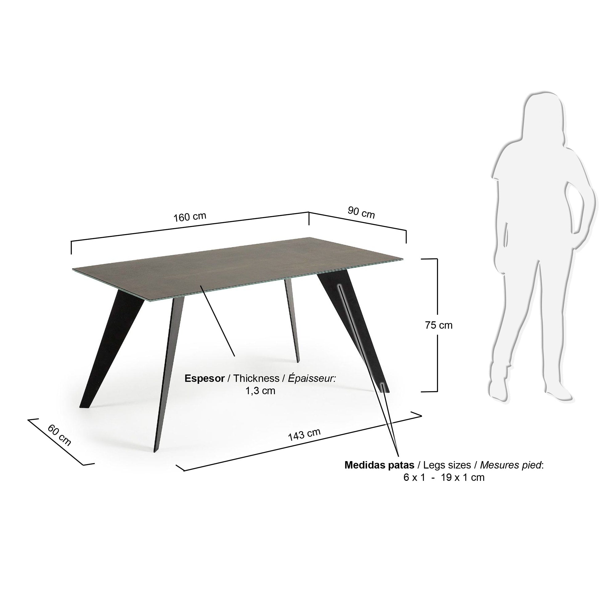 Moderner Koda Tisch 160 x 90 cm mit stilvoller Feinsteinzeugplatte in Iron Moss und stabilen Stahlbeinen – ideal für gesellige Abende.