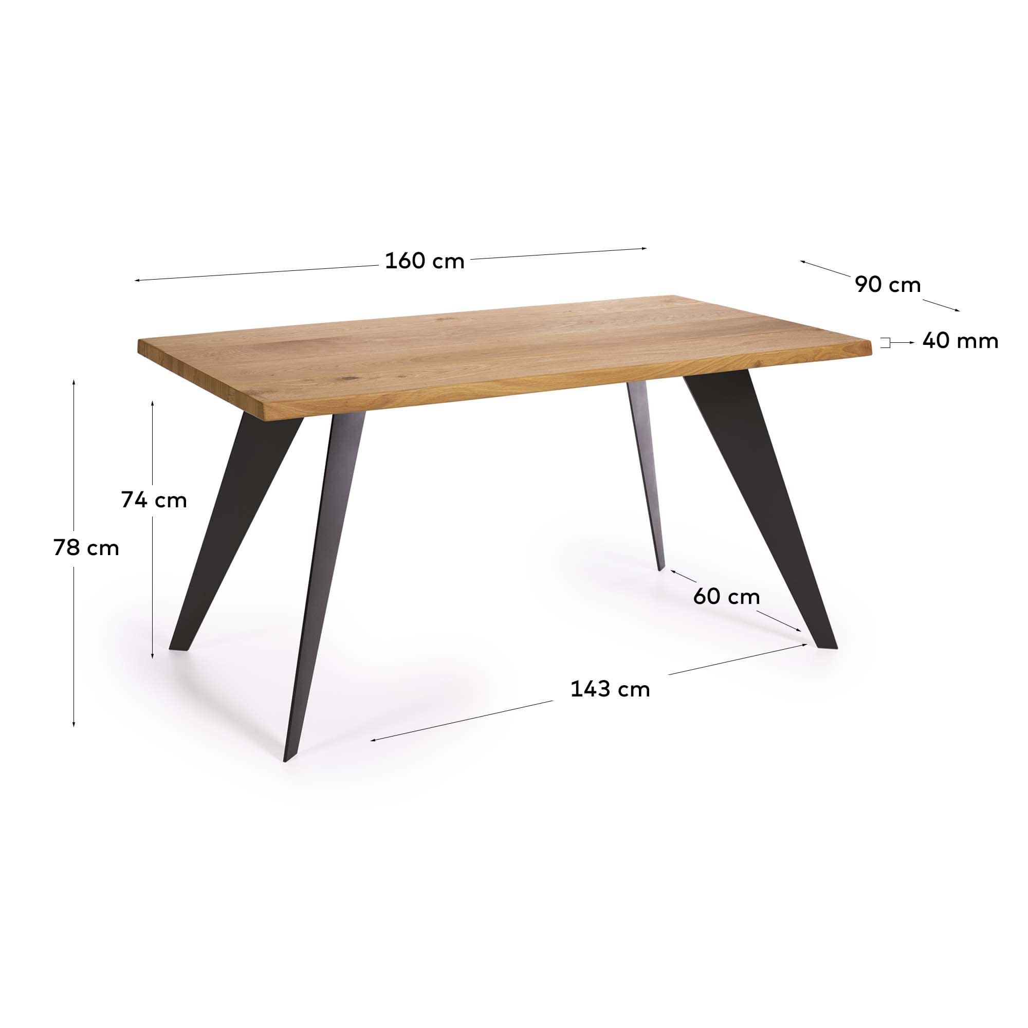 Moderner Koda Tisch mit Eichenfurnier und natürlichem Finish, schwarze Stahlbeine, 160x90 cm, ideal für stilvolle Räume.