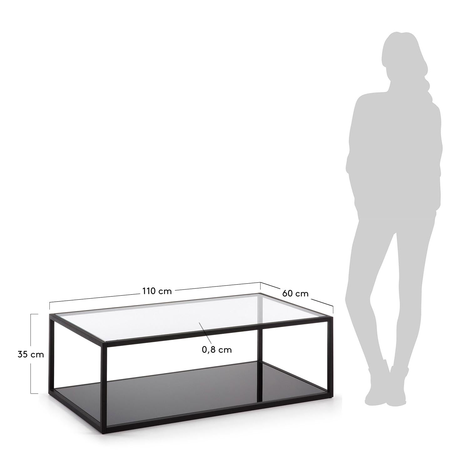 Moderner Couchtisch Blackhill 110 x 60 cm von Kave Home: Robuste Glasplatte, stilvolle Metallbasis, ideal für jedes Wohnzimmer.