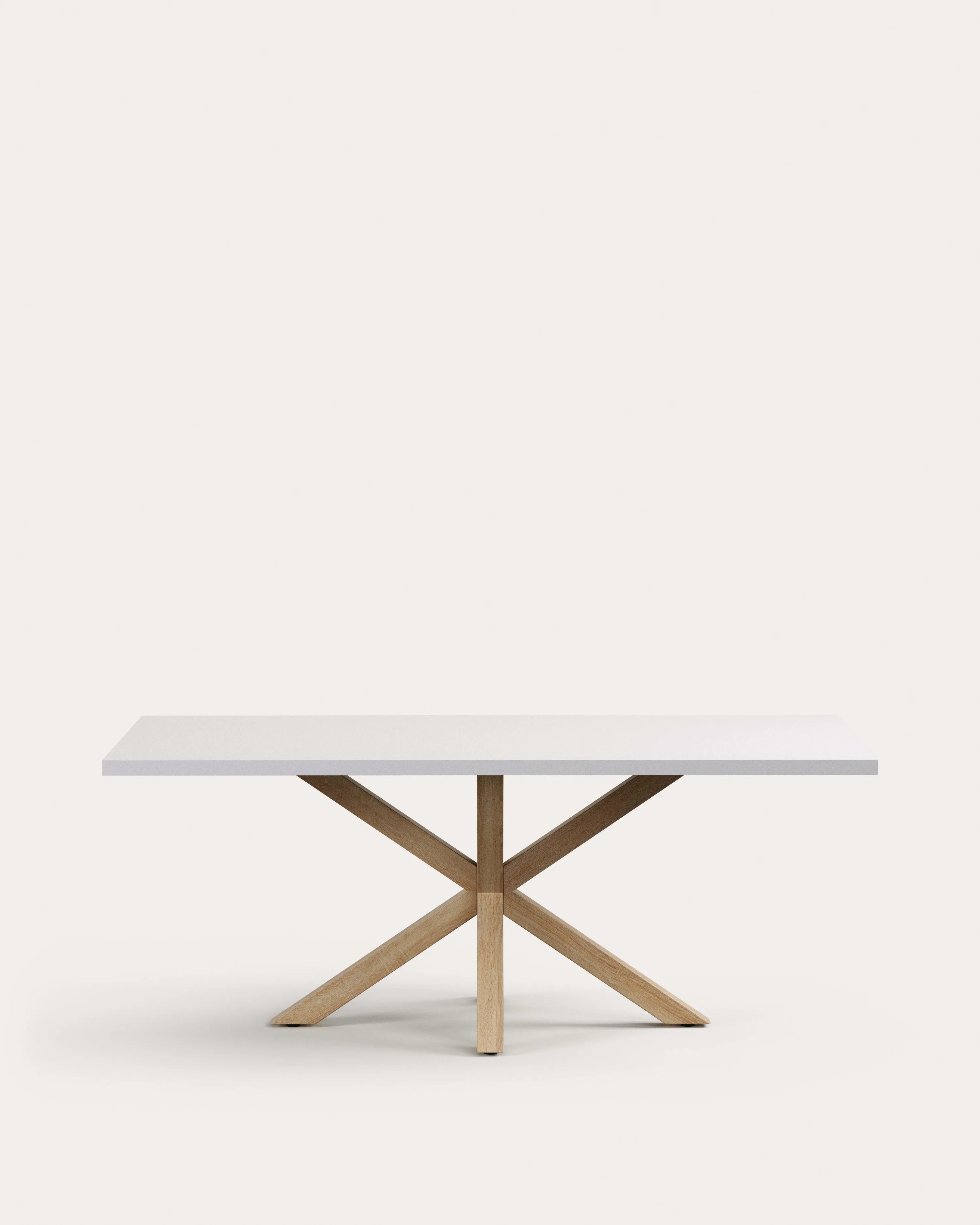 3D-Modell des Tischs Argo: Weiße Melaminplatte, Stahlbeine in Holzoptik, 200x100 cm, elegantes Design für stilvolle Dinner.