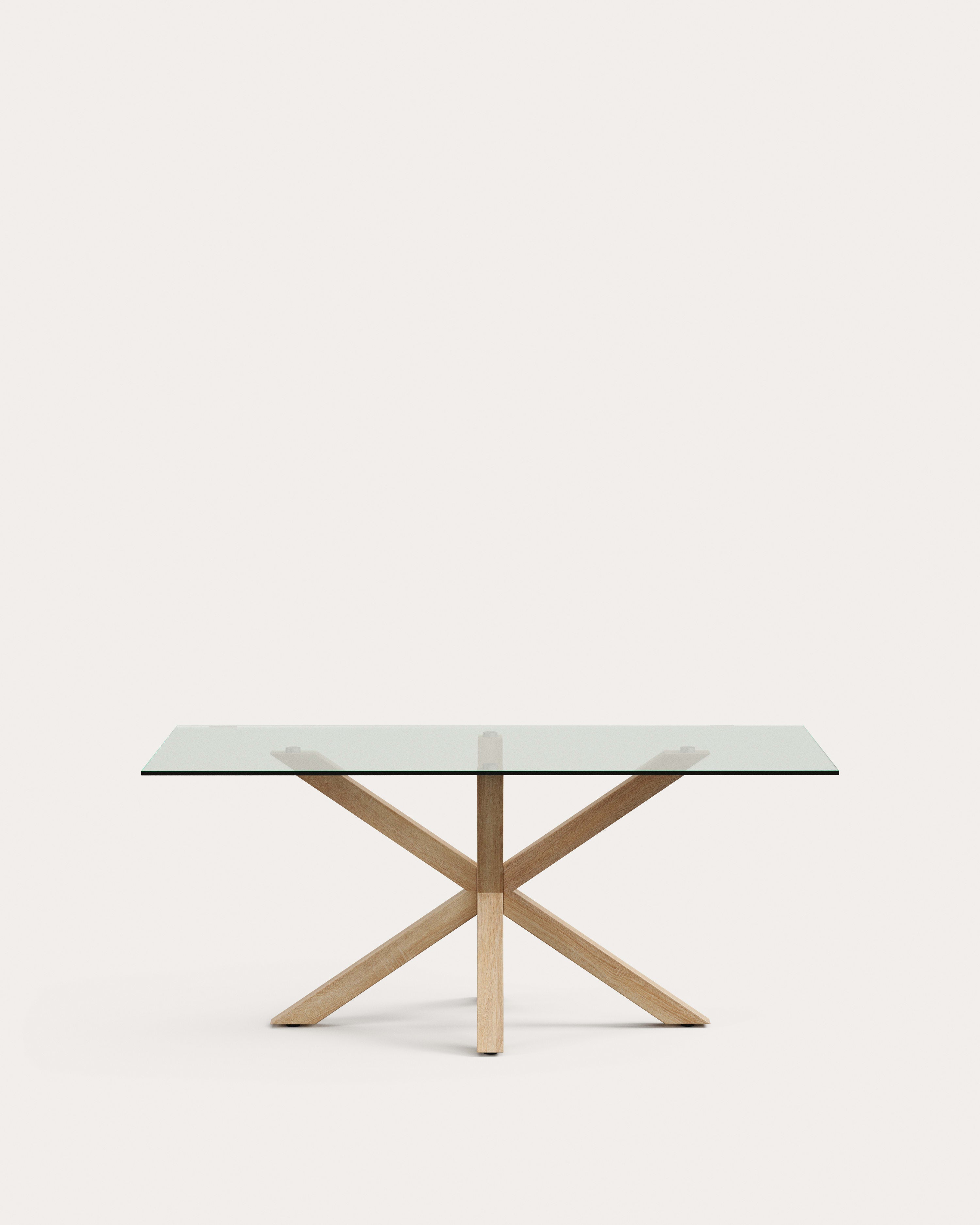 3D-Modell des Argo Tisches: Glasplatte, Stahlbeine in Holzoptik, 180x100 cm. Elegant und robust, ideal für vielseitige Nutzung.