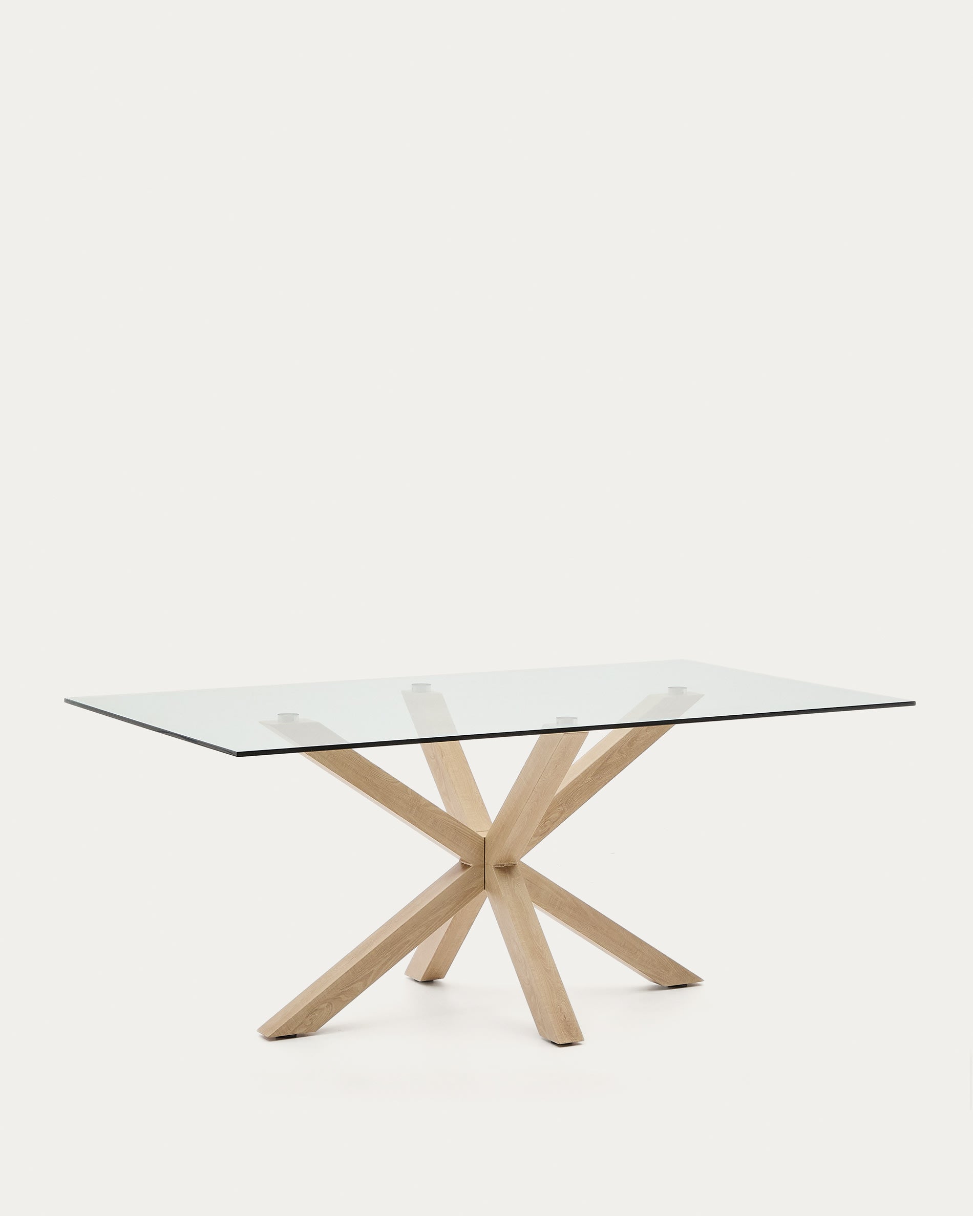 Eleganter Argo Tisch mit Glasplatte und Holzoptik-Stahlbeinen, 180x100 cm, perfekt für moderne und geschmackvolle Einrichtungen.