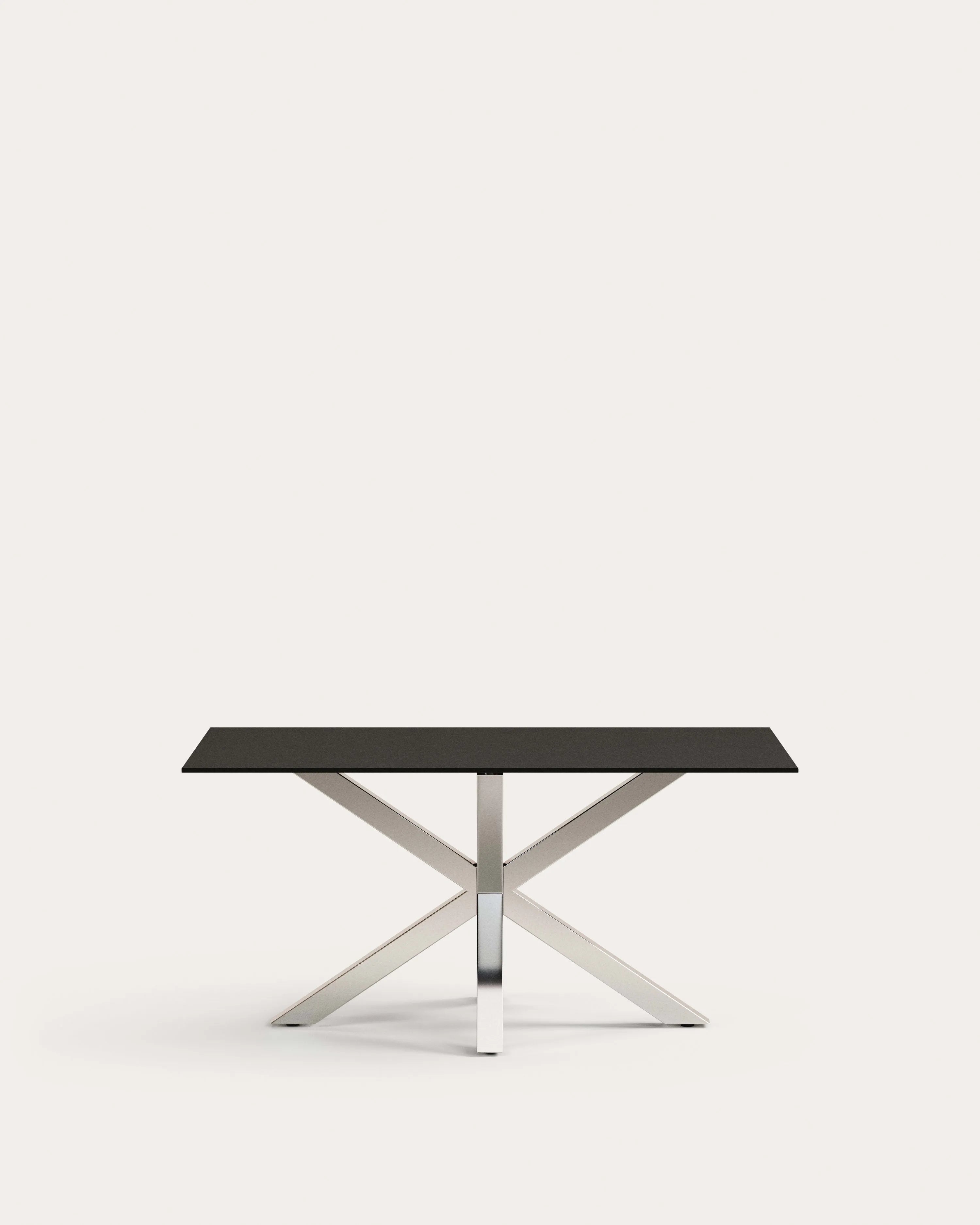 3D-Modell: Tisch Argo, schwarzes Milchglas, Edelstahlbeine, 160x90 cm, elegant, robust, ideal für 6 Personen.