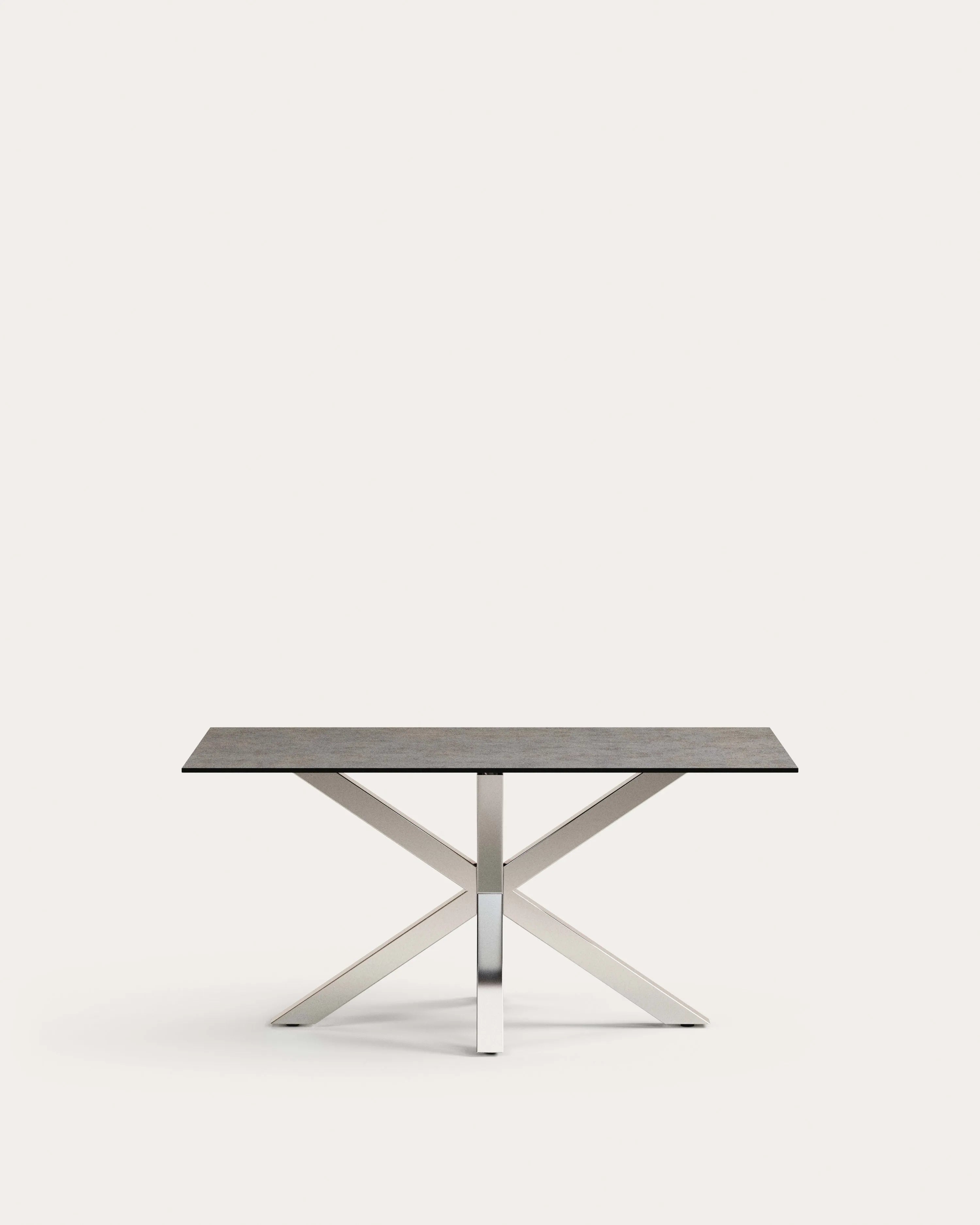 Eleganter Tisch Argo mit Iron Moss-Porzellanplatte und Edelstahlbeinen, 160x90 cm, perfekt für moderne Wohnräume.