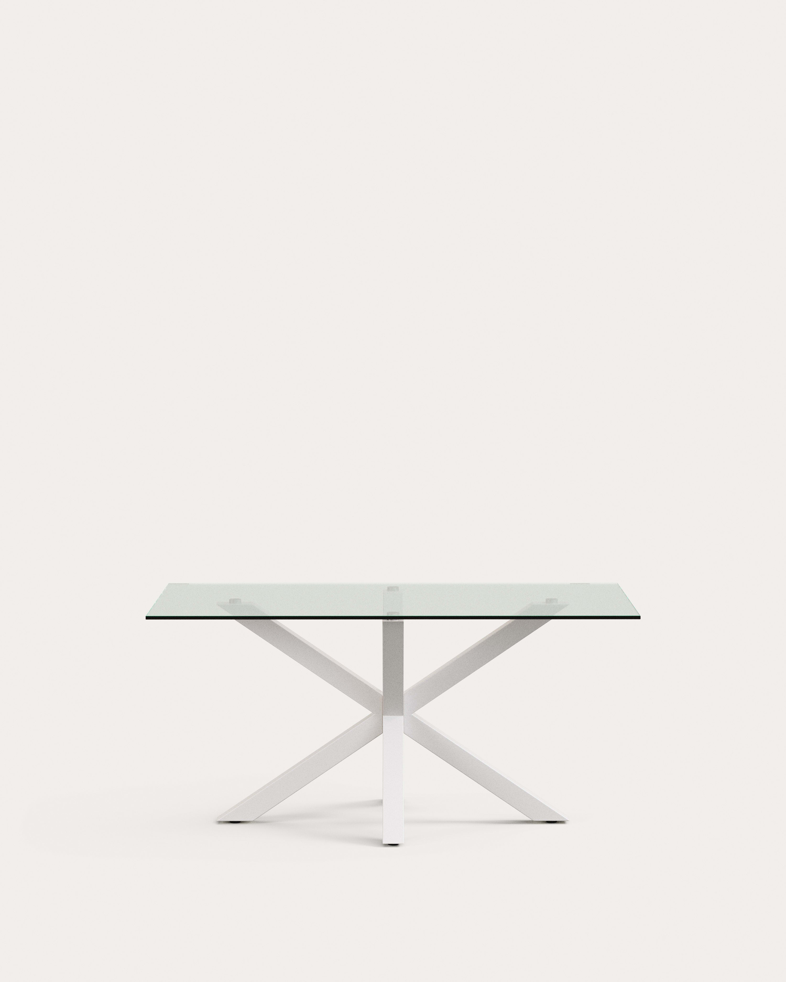 3D-Modell: Argo Tisch, Glasplatte, weisse Stahlbeine, 160x90 cm. Modern, robust, ideal für stilvolle Essbereiche.