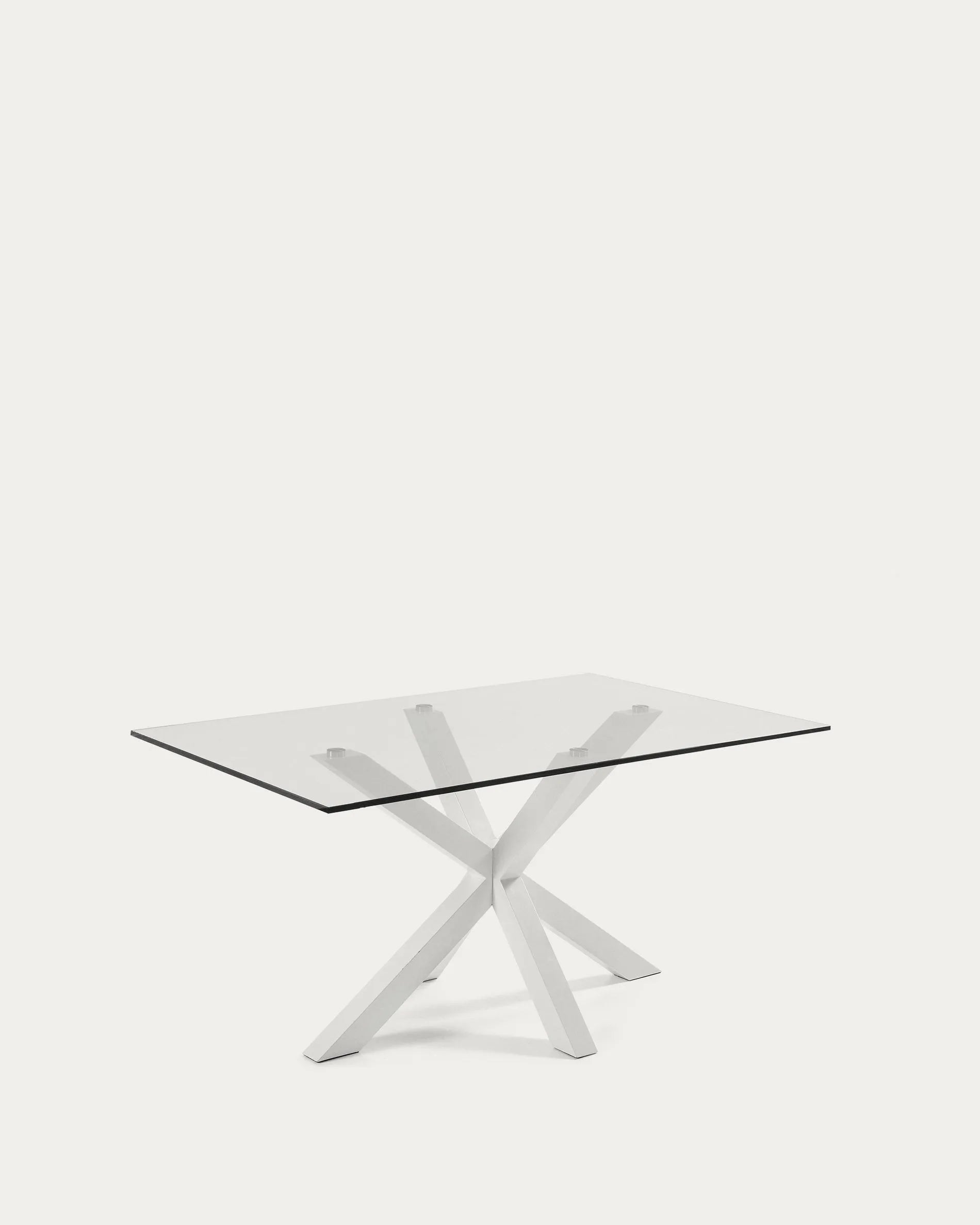 Eleganter Argo Tisch mit Glasplatte und weißen Stahlbeinen, 160x90 cm, perfekt für moderne Wohn- und Esszimmer.