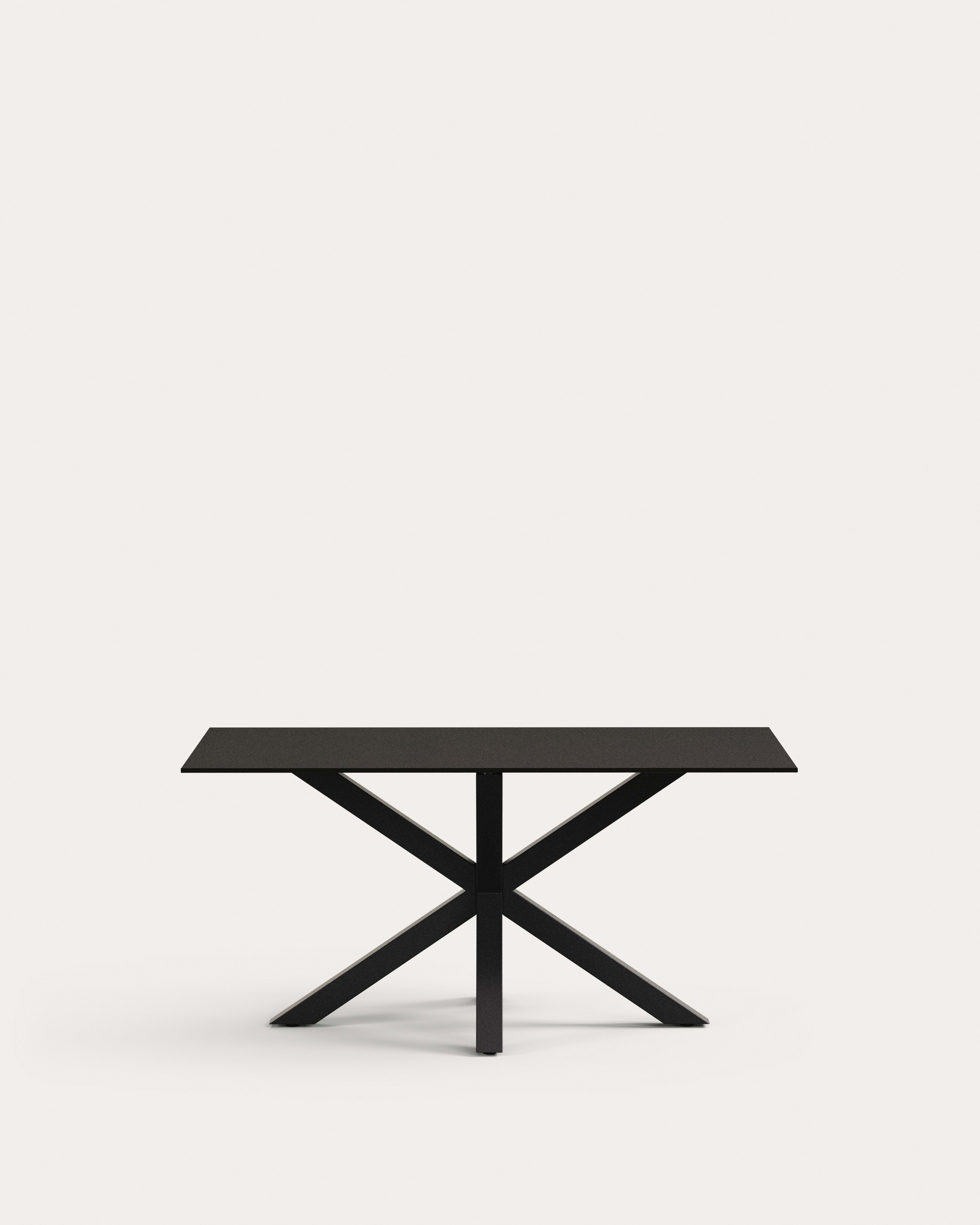 3D-Modell des Argo Tisches: Schwarzes Glas, schwarze Stahlbeine, 160x90 cm. Modernes Design, ideal für stilvolle Esszimmer.