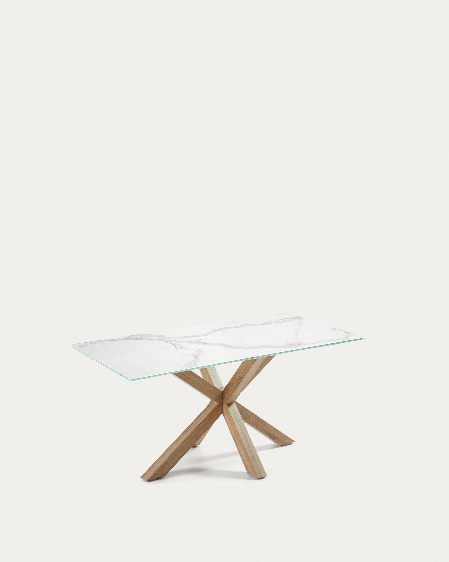 Moderner Argo Tisch: Weisse Feinsteinzeugplatte, Stahlbeine mit Holzeffekt, 160x90 cm, stilvoll und robust.