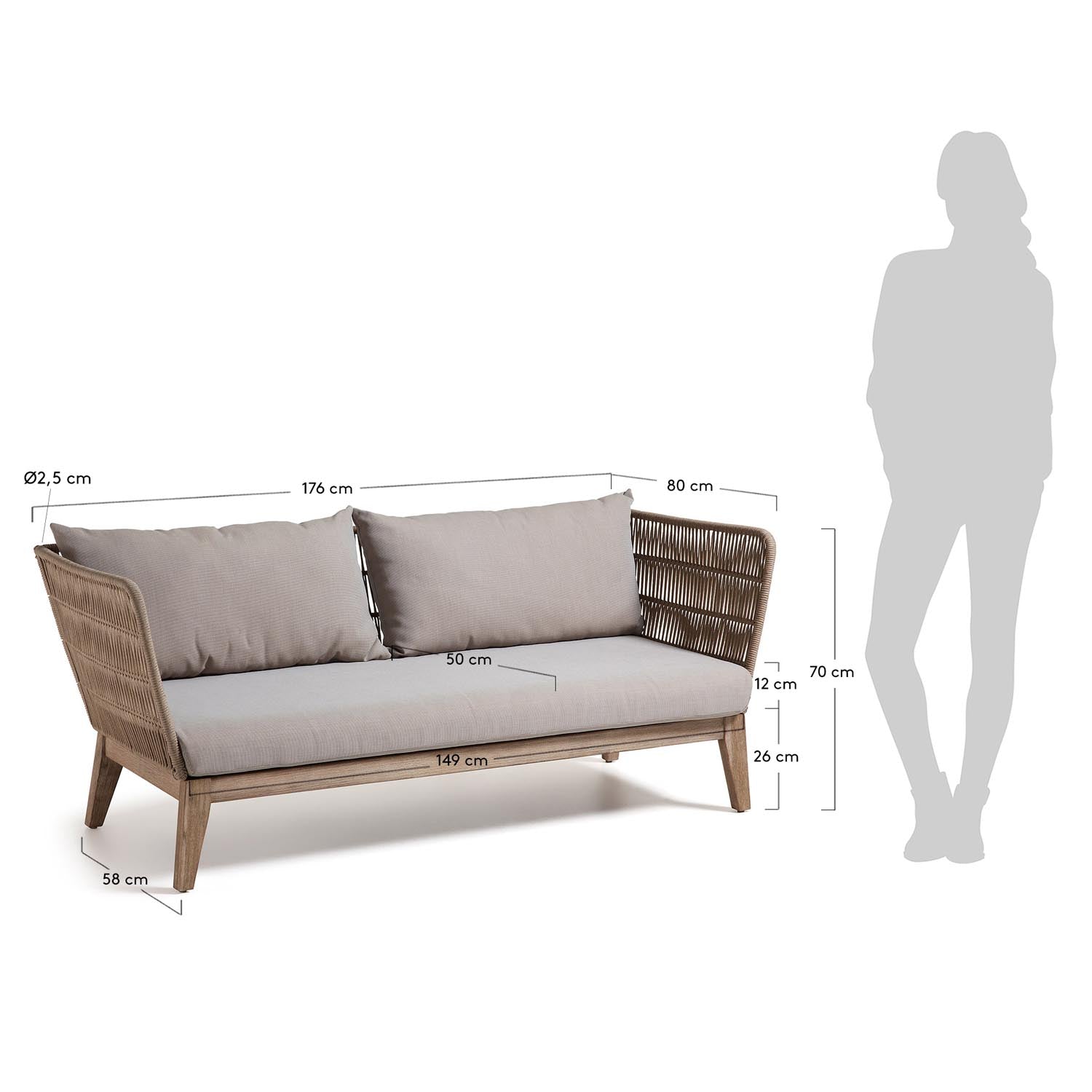 Belleny 3-Sitzer-Sofa aus Seil in Beige und massivem Akazienholz FSC 100% 176 cm in Beige, Natur, Grau präsentiert im Onlineshop von KAQTU Design AG. 3er Sofa ist von Kave Home