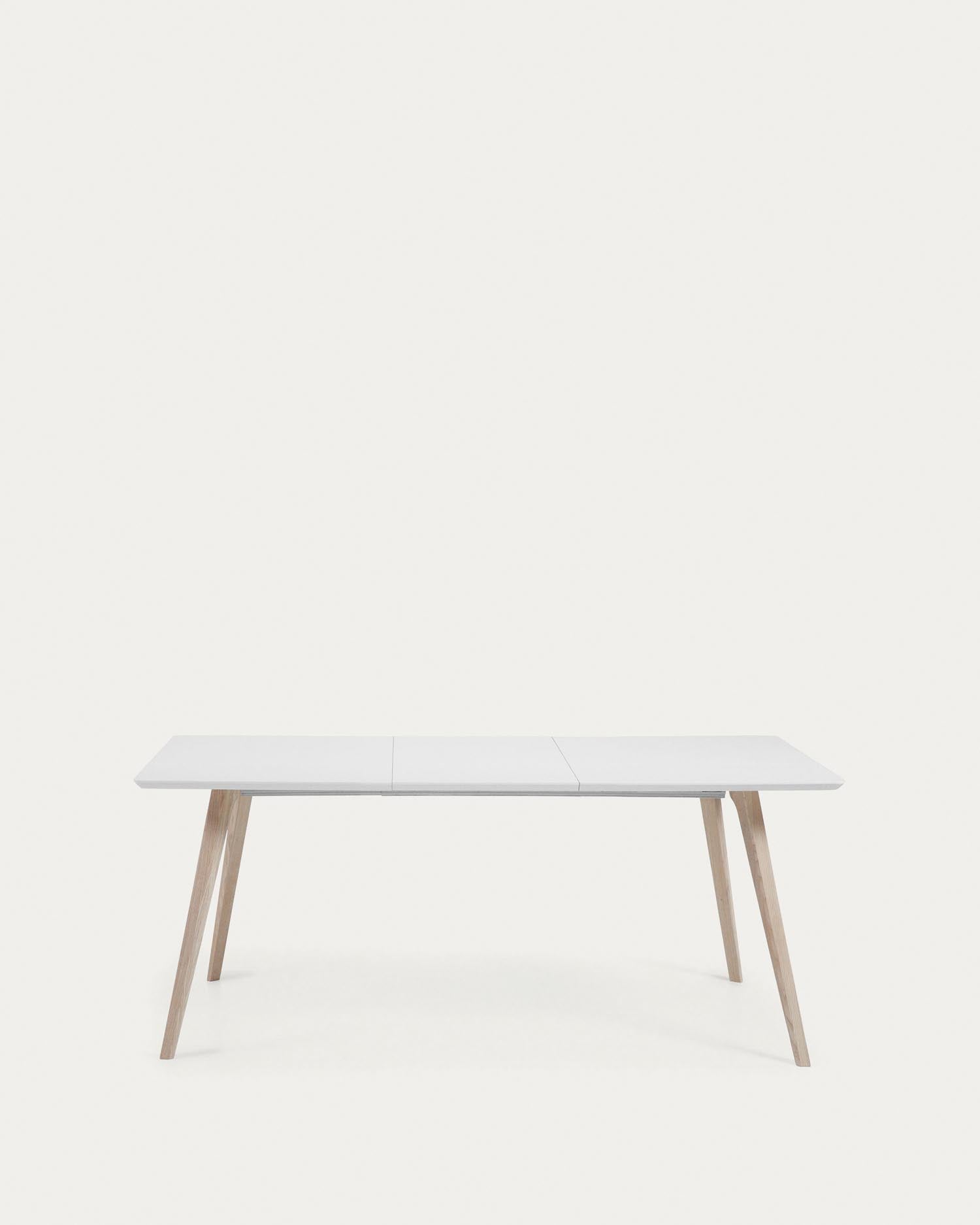 Eunice Esstisch, ausziehbar 140-220 cm, weisse Beine aus massivem Eschenholz, modernes Design, perfekt für elegante Räume.