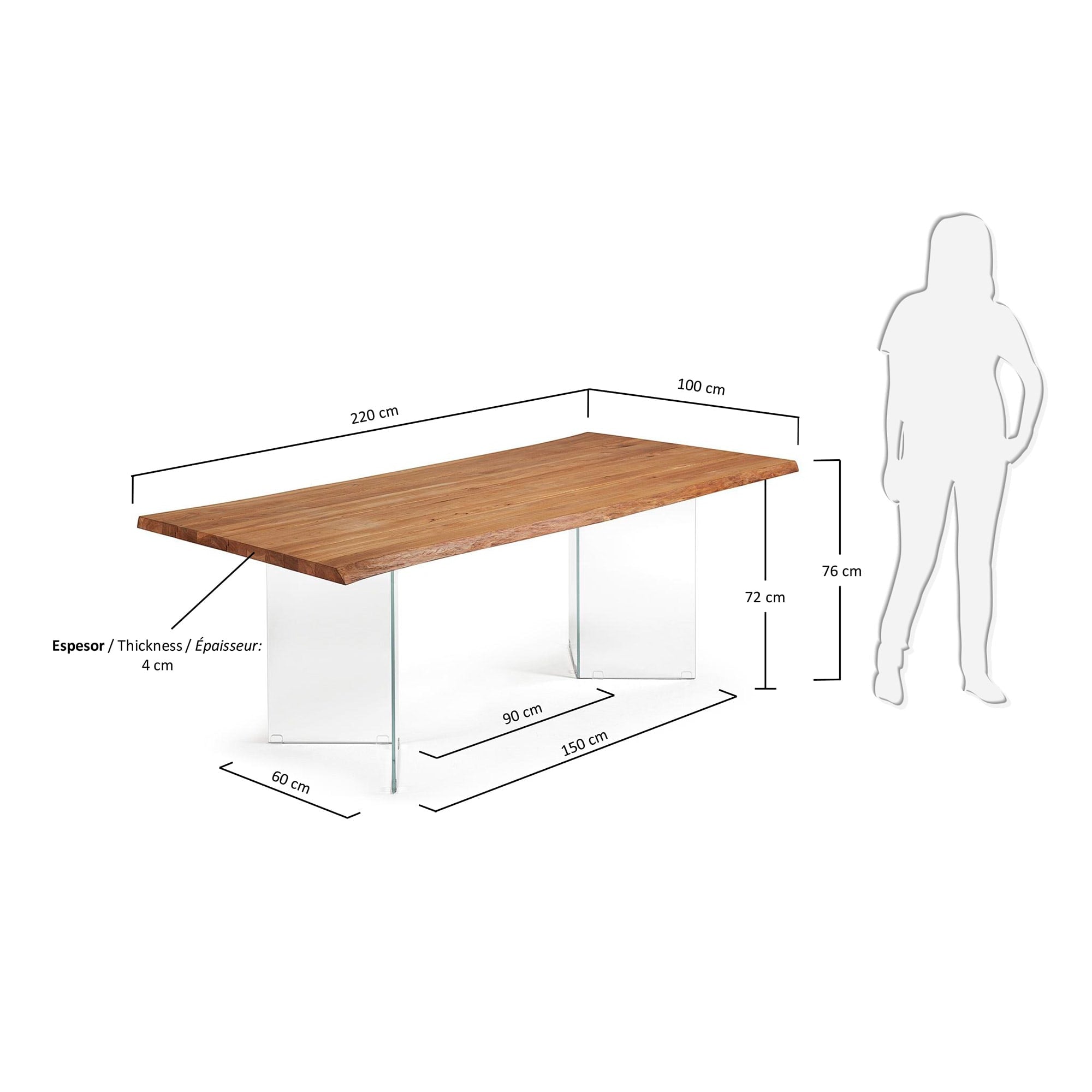 Eleganter Lotty Tisch mit Eichenfurnier in natürlichem Finish und Glasbeinen, 220x100 cm, von Kave Home, modern und zeitlos.