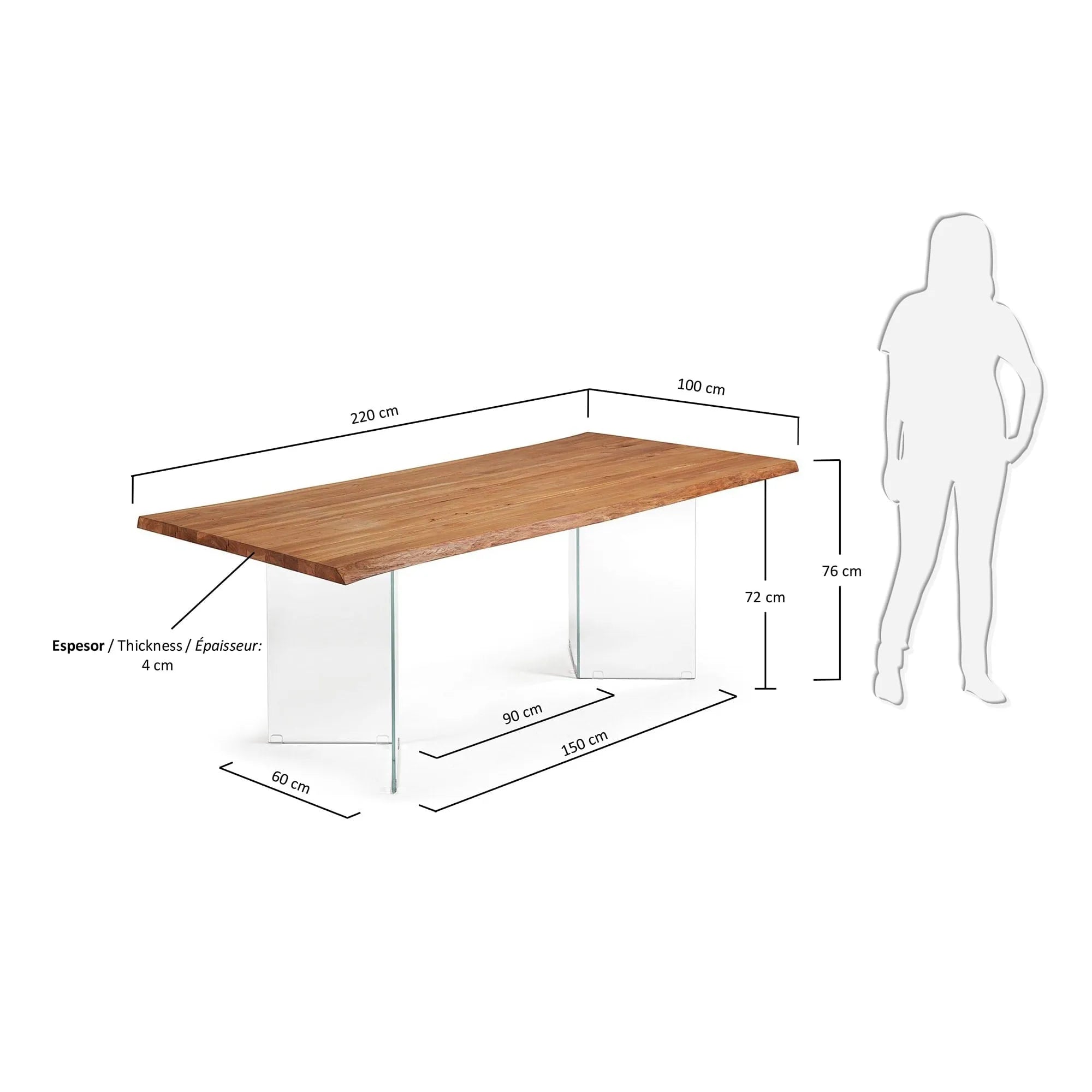 Moderner Lotty Tisch mit natürlichem Eichenfurnier und transparenten Glasbeinen, 220x100 cm, von Kave Home, stilvoll und elegant.