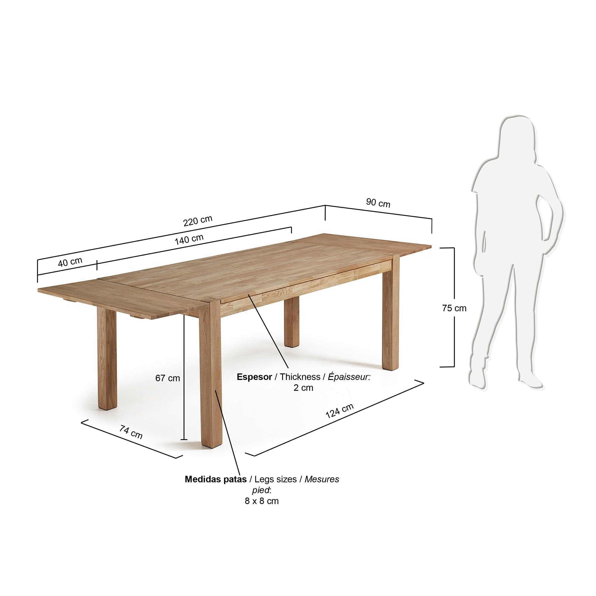 Isbel Esstisch aus massiver Eiche, ausziehbar von 140 auf 220 cm, modernes Design, ideal für flexible Wohnbereiche.