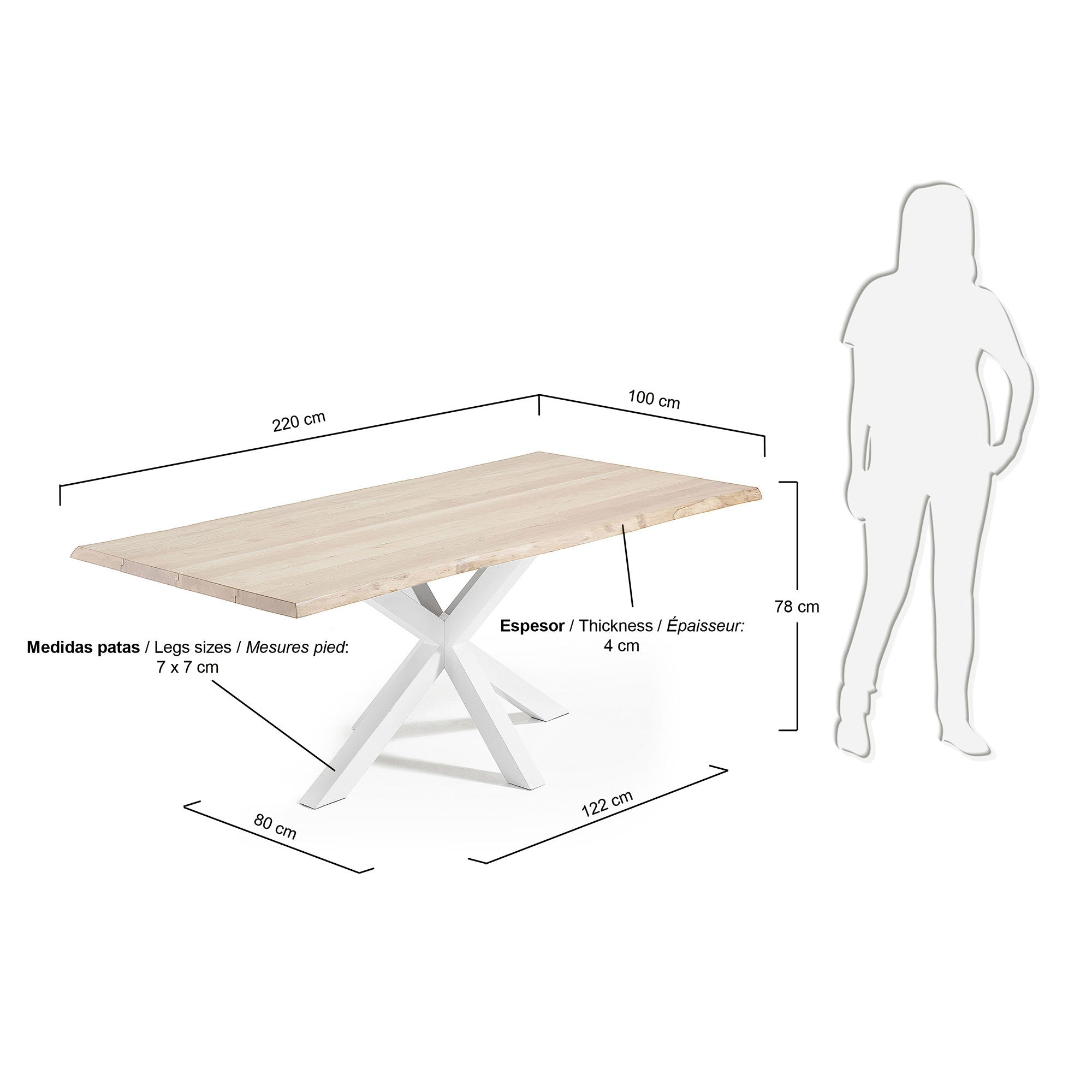 Eleganter Argo Tisch mit hellem Eichenfurnier und weißen Stahlbeinen, 220x100 cm, perfekt für moderne Wohn- und Esszimmer.