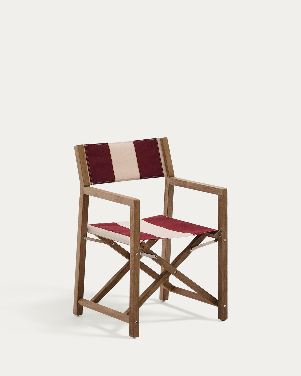 Weinrot-beige gestreifter Outdoor-Klappstuhl Vilara aus massivem Akazienholz, FSC 100% in Weiss, Braun präsentiert im Onlineshop von KAQTU Design AG. Gartenstuhl mit Armlehnen ist von Kave Home