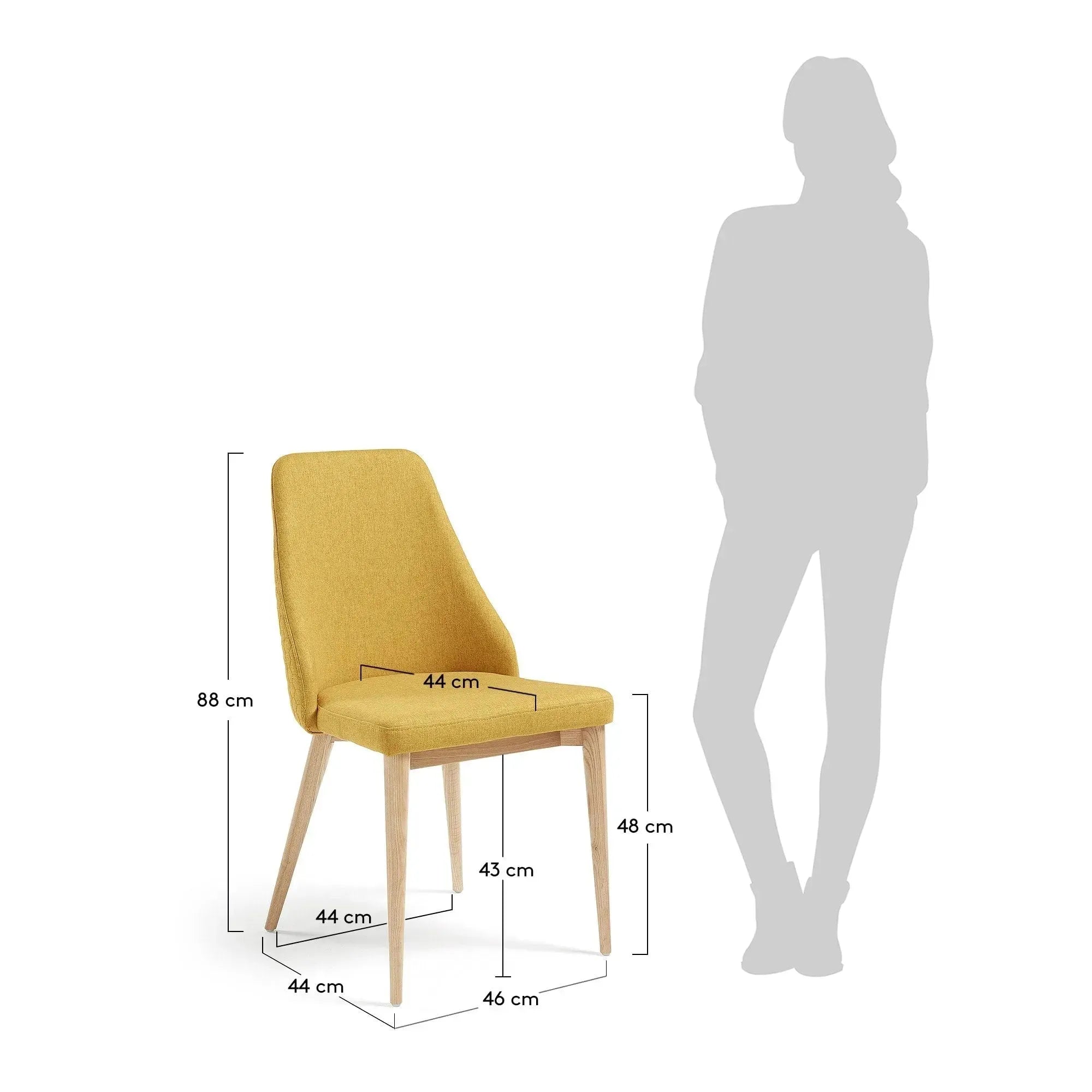 Rosie Stuhl in Senfgelb, Beine aus massivem Eschenholz, natürliches Finish, modernes Design, ideal für stilvolle Wohnräume.