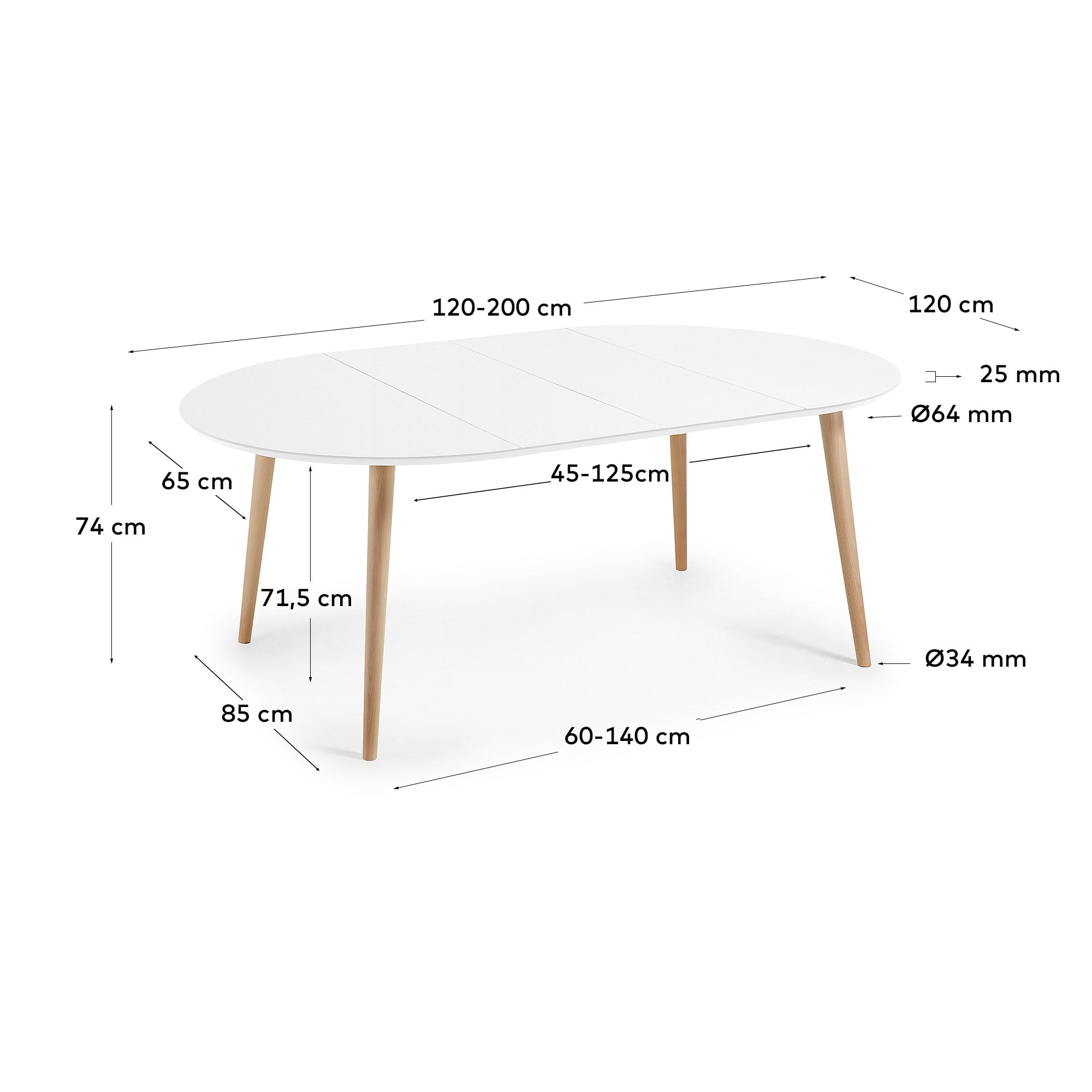 Moderner runder Ausziehtisch Oqui von Kave Home, weiße MDF-Platte, massive Buchenbeine, 120-200 cm, stilvoll und funktional.