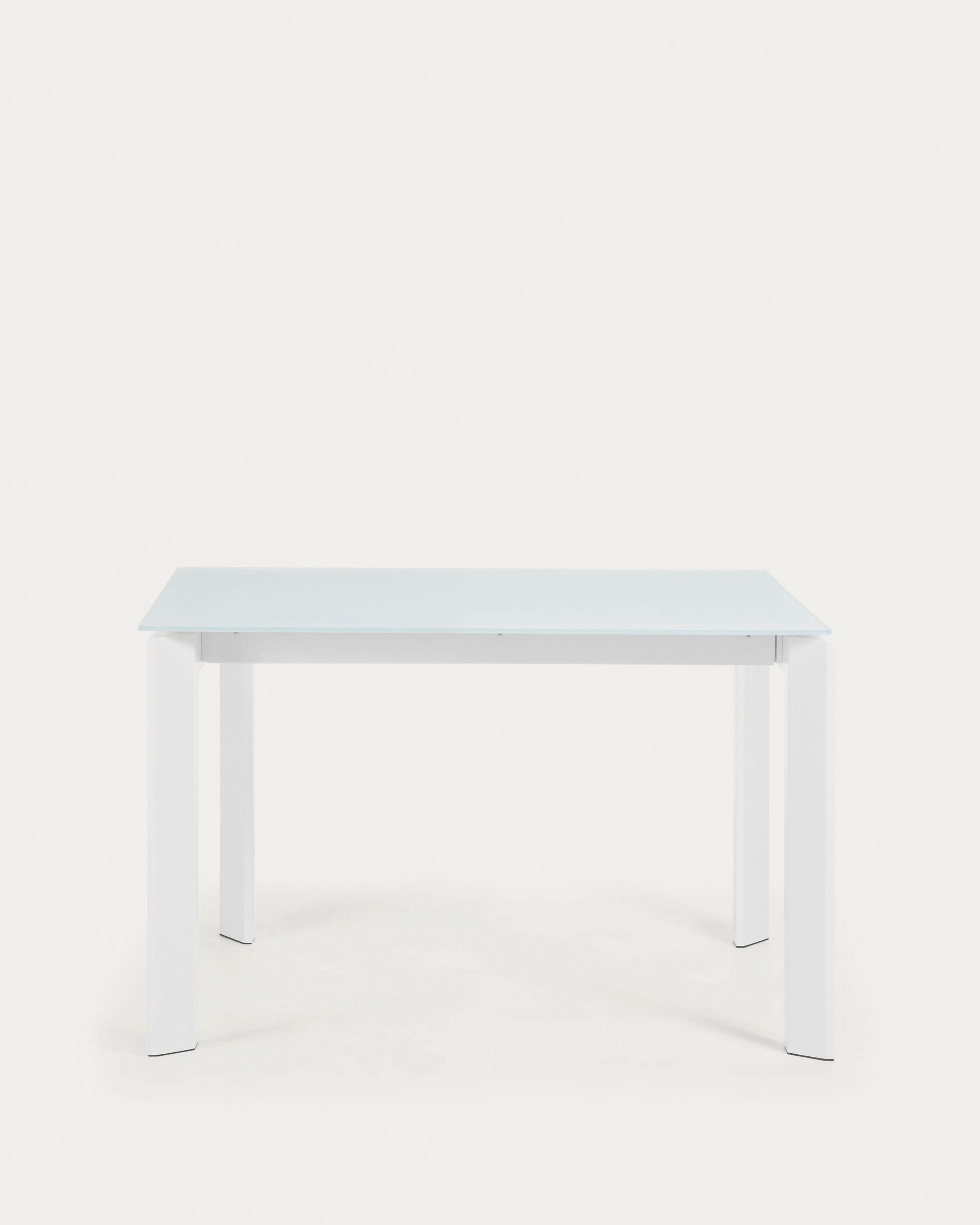 Moderner Axis Ausziehtisch mit weißer Glasplatte und Stahlbeinen, ausziehbar von 120 auf 180 cm, ideal für stilvolle Räume.