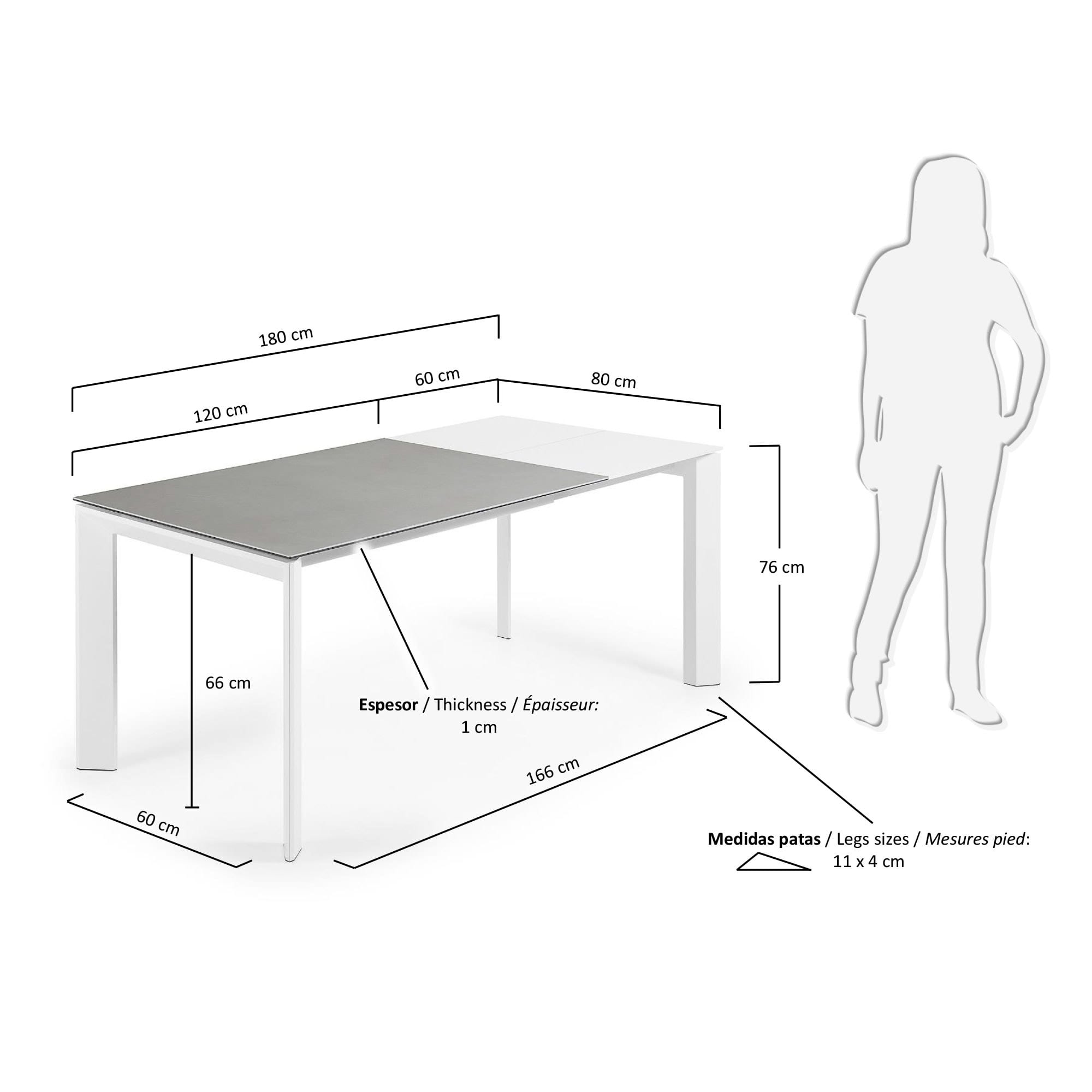 Eleganter Ausziehtisch mit Hydra Plomo Feinsteinzeugplatte und weißen Stahlbeinen, von 120 auf 180 cm erweiterbar, modern und praktisch.